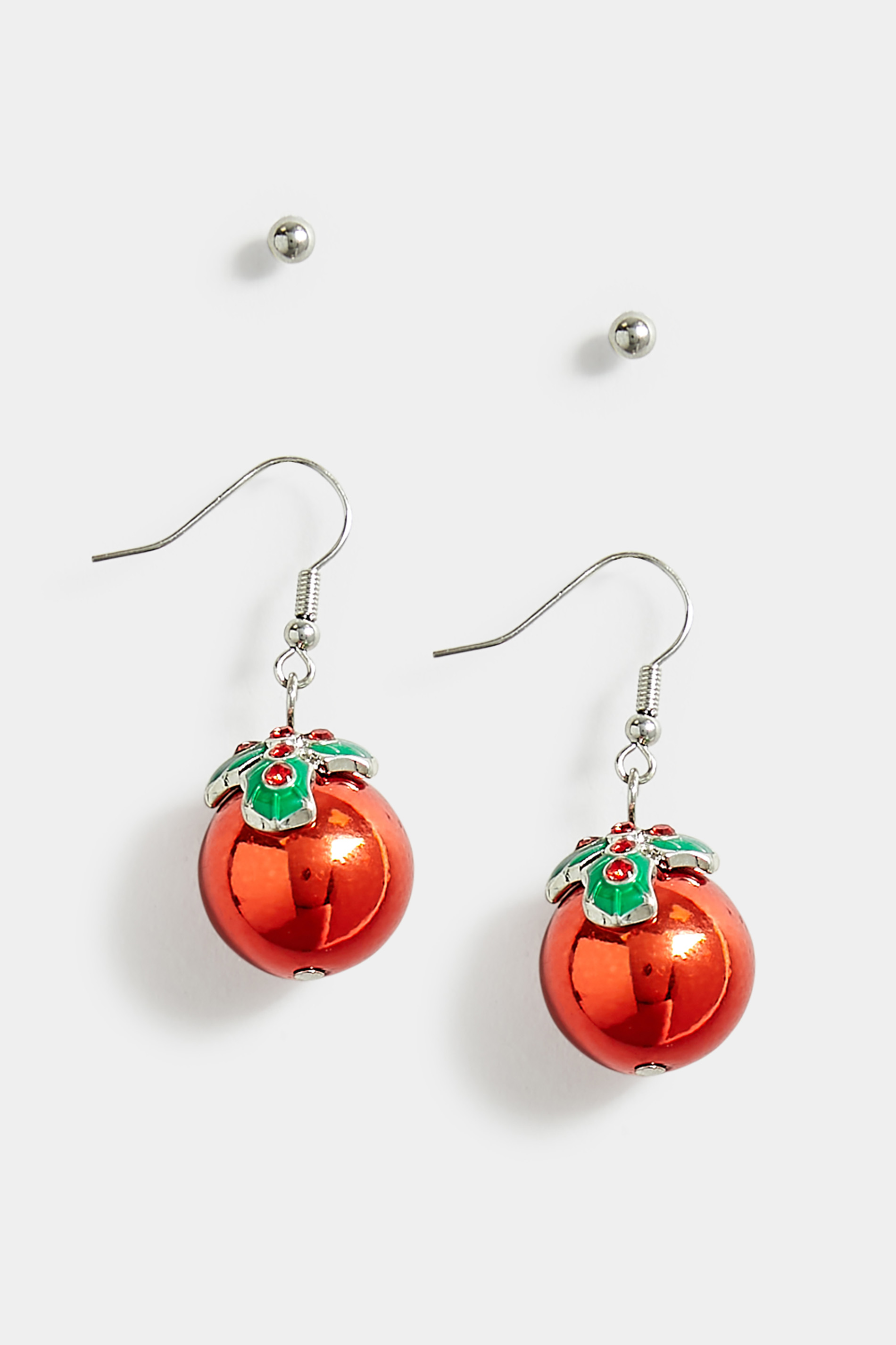 2 PACK Red & Silver Christmas Pudding Earrings | Yours Clothing 2