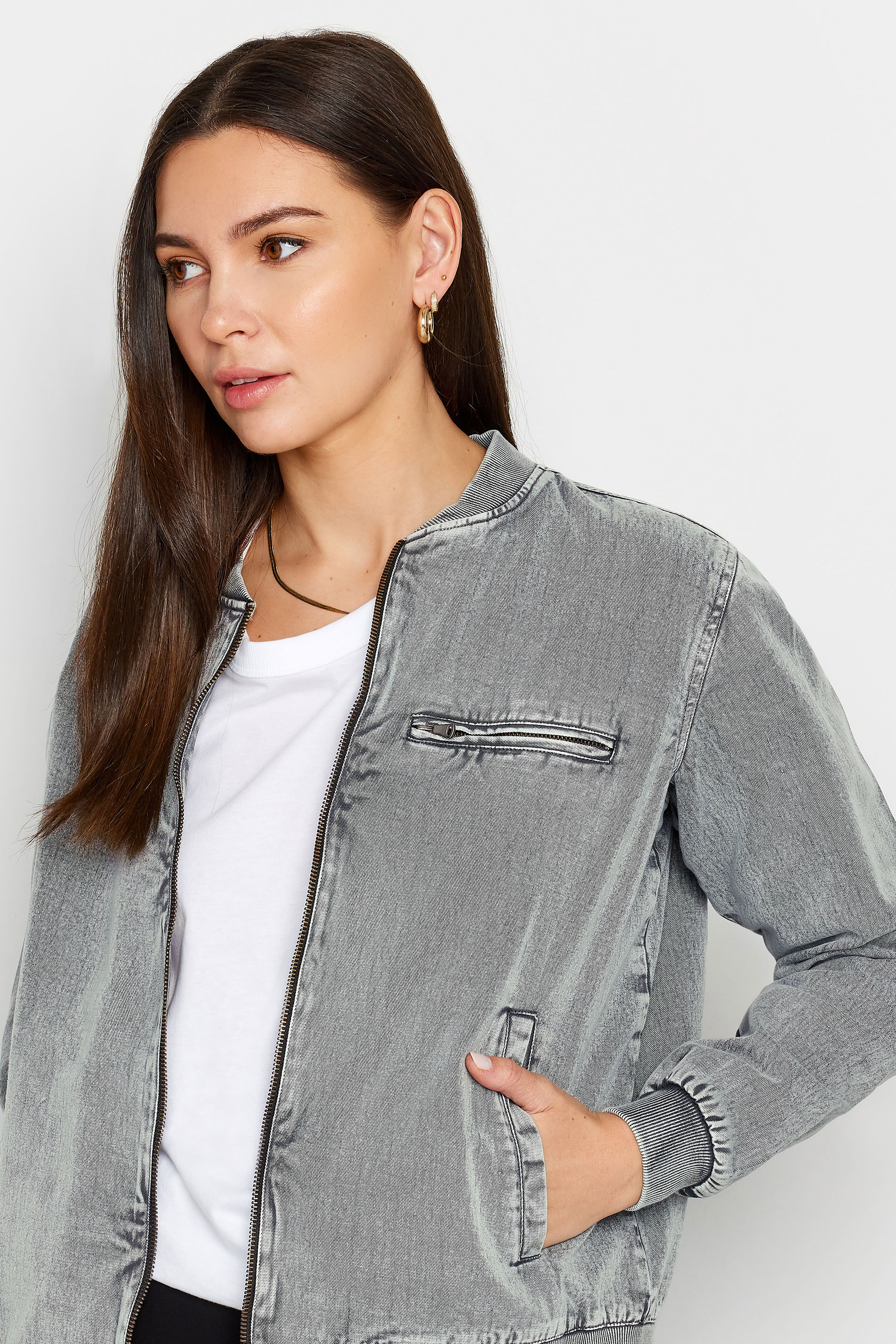 LTS Tall Womens Grey Acid Wash Bomber Jacket Long Tall Sally