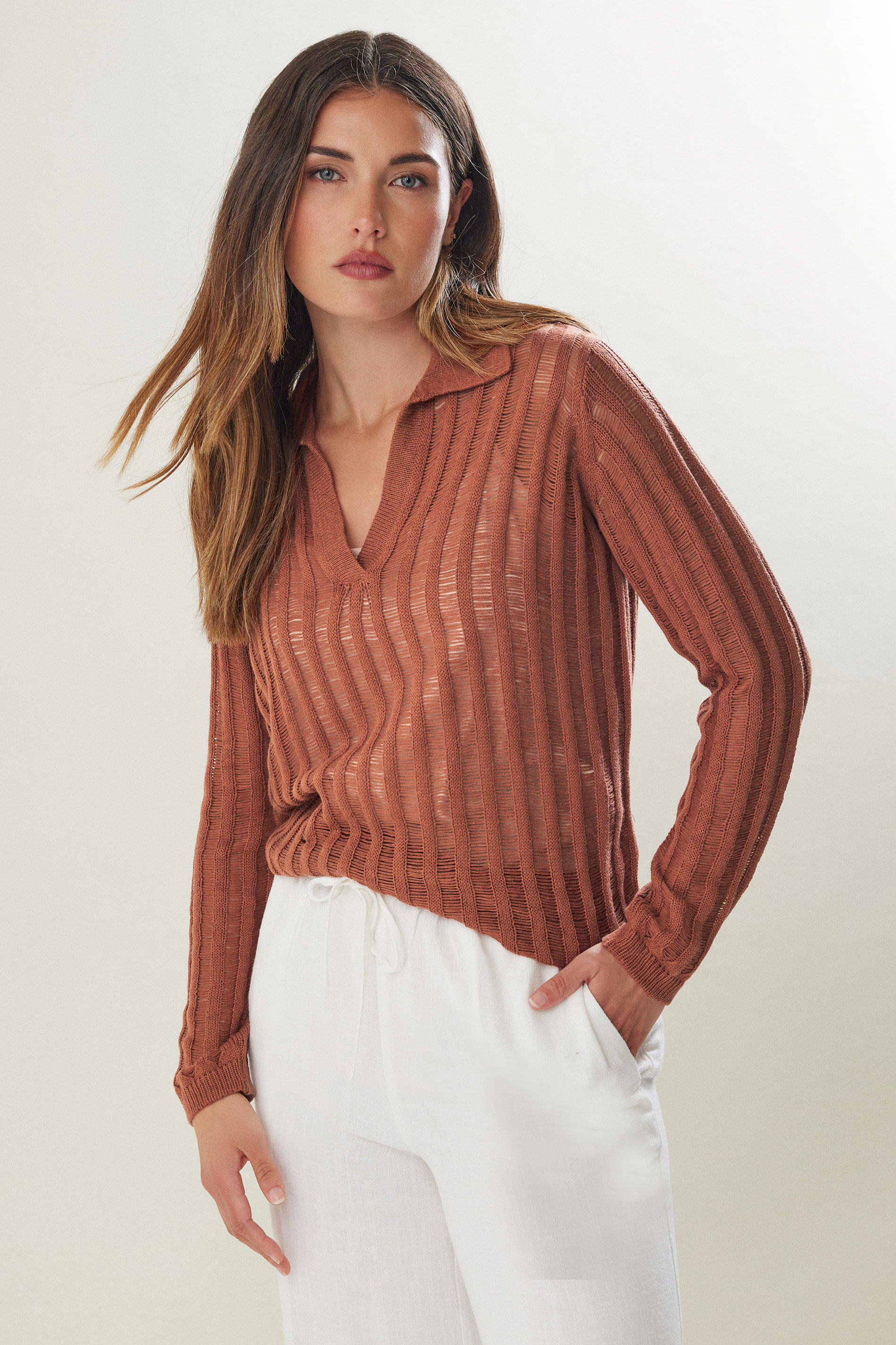 LTS Tall Womens Rust Orange Collared Crochet Jumper | Long Tall Sally 2