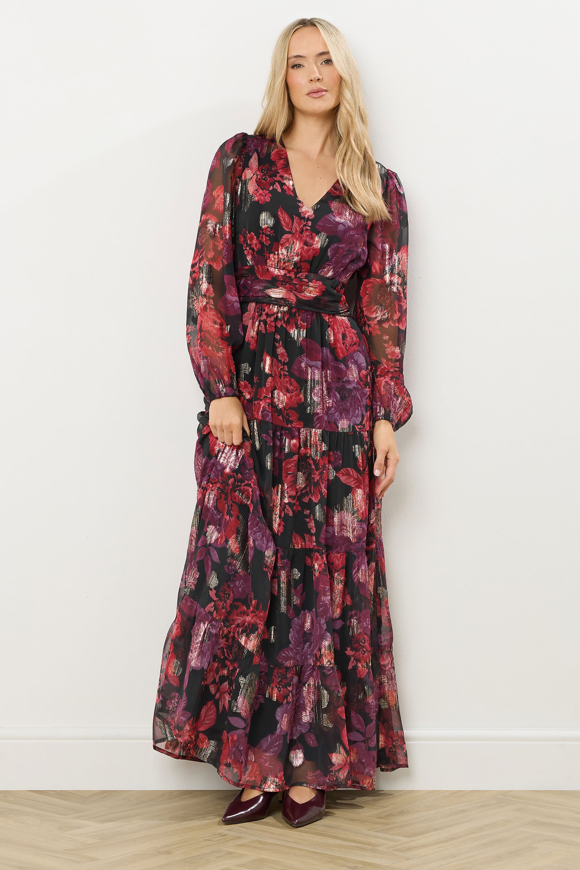 LTS Tall Black Rose Jacquard Metallic Maxi Dress | Long Tall Sally 1