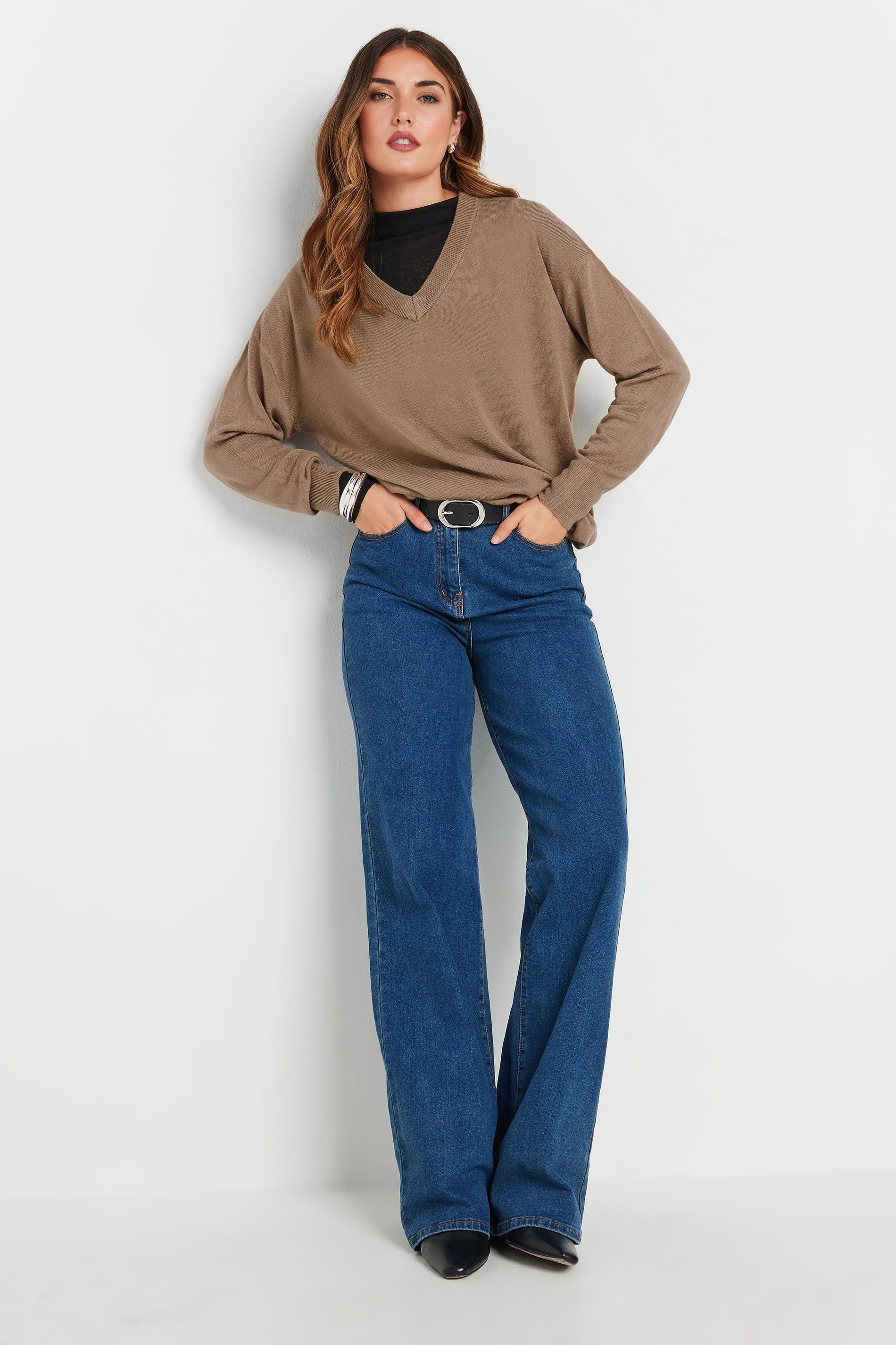 LTS Tall Beige Brown Long Sleeve V-Neck Jumper | Long Tall Sally 3