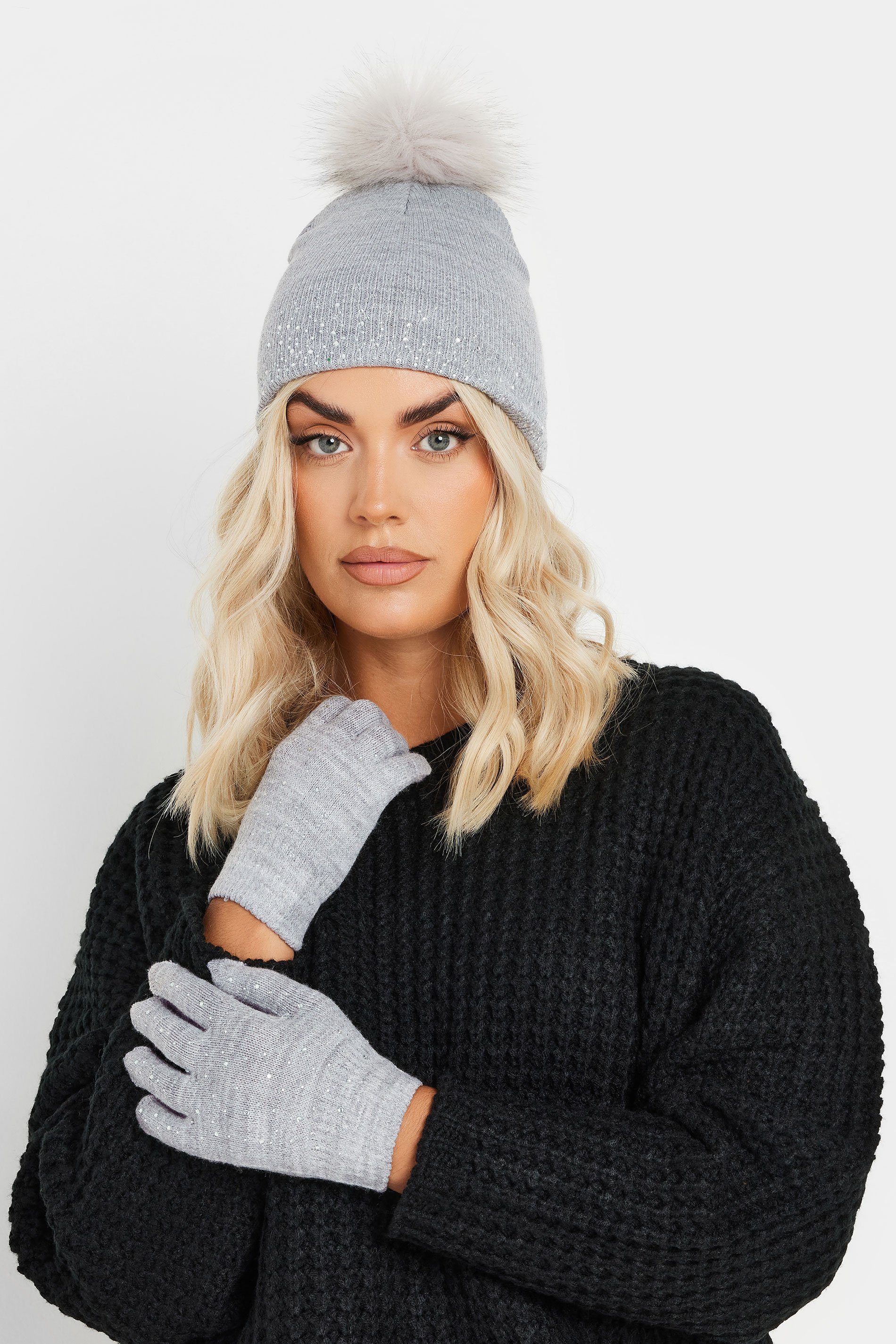Grey Diamante Embellished Bobble Hat & Glove Set | Yours Clothing 1