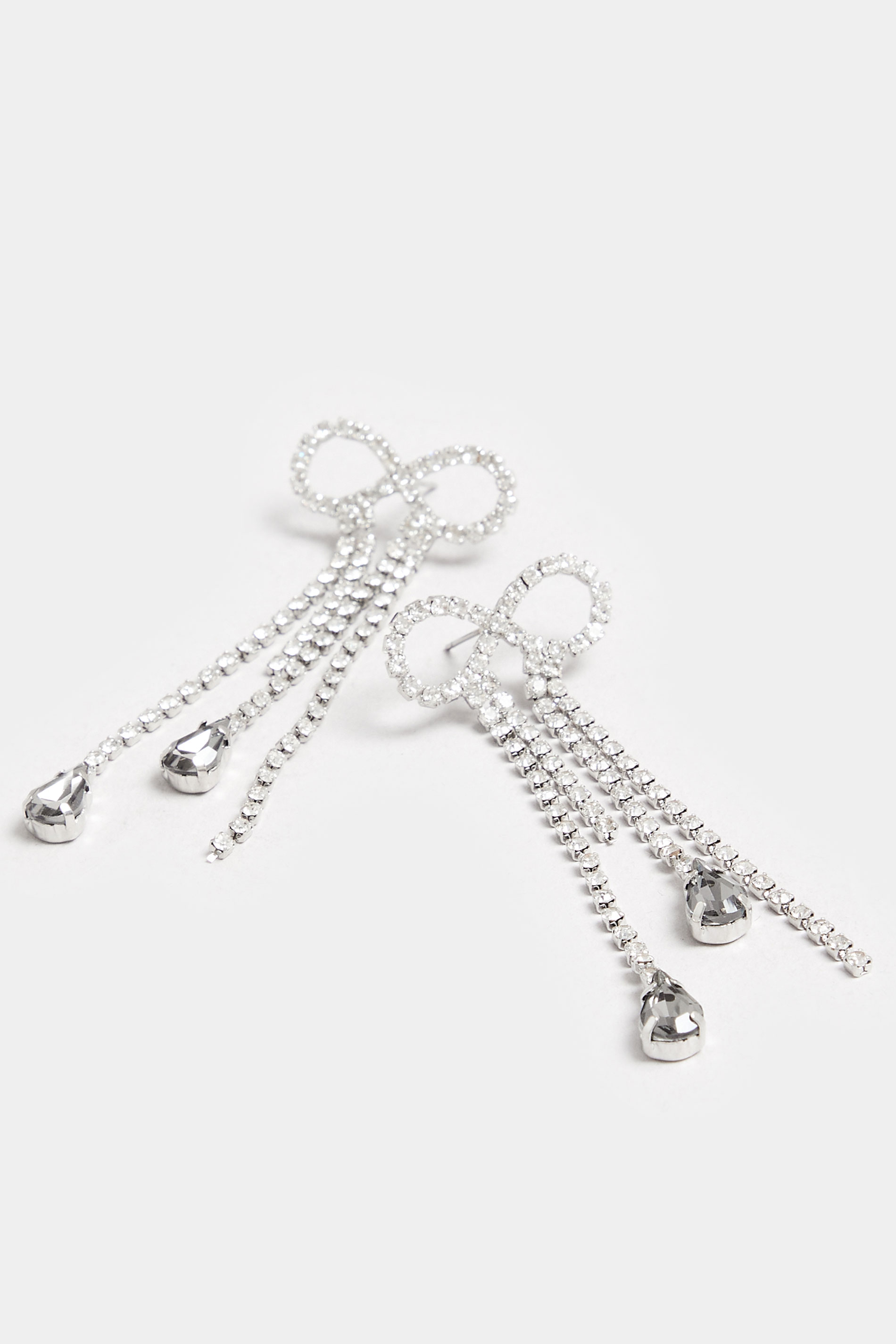 Silver Bow Drop Diamante Earrings | Yours Clothing 3