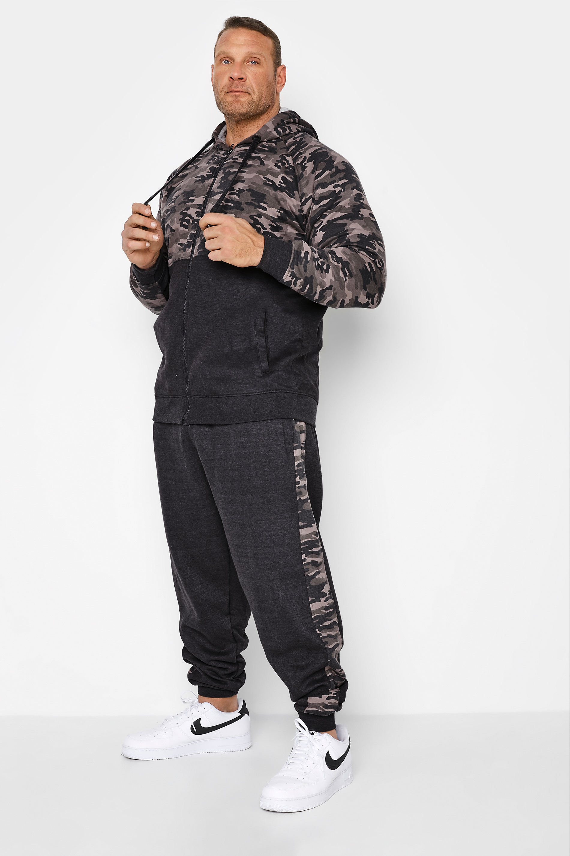 KAM Charcoal Grey Camo Colour Block Zip Through Hoodie | BadRhino 1