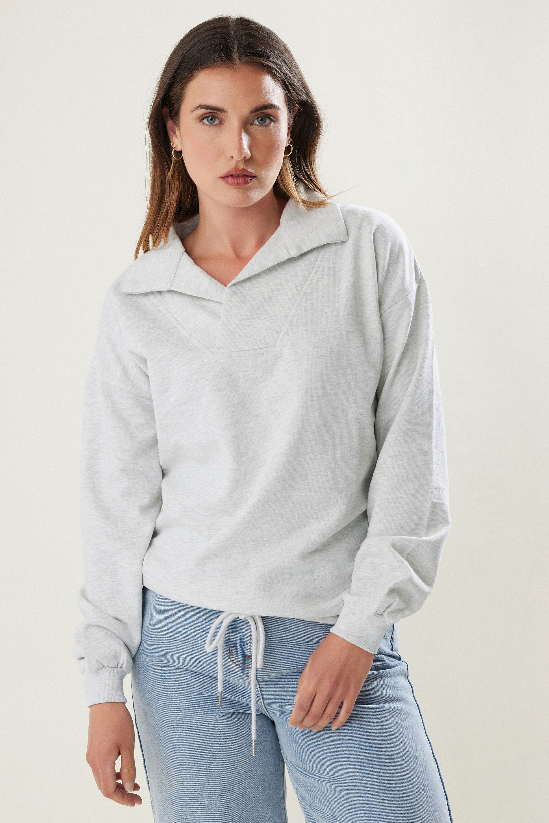 LTS Tall Grey Marl Drawstring Cross Over Sweatshirt | Long Tall Sally 1