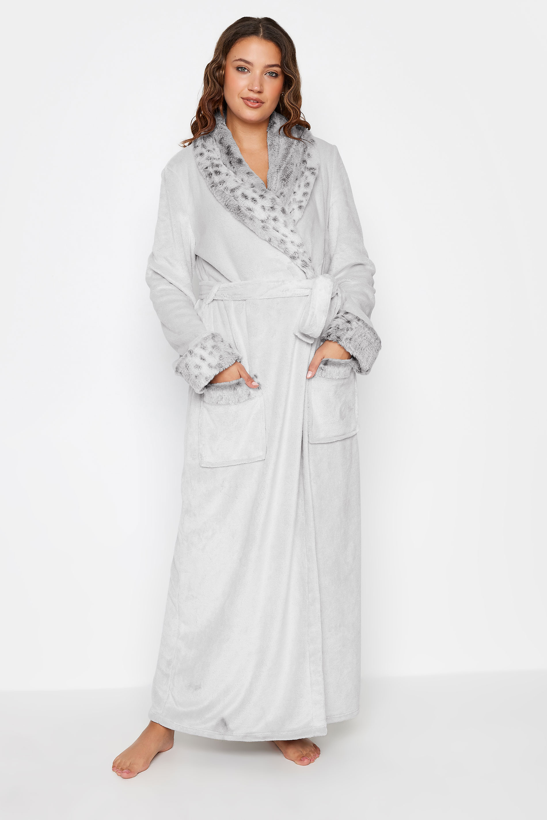 LTS Tall Womens Light Grey Animal Print Shawl Maxi Dressing Gown | Long Tall Sally  1