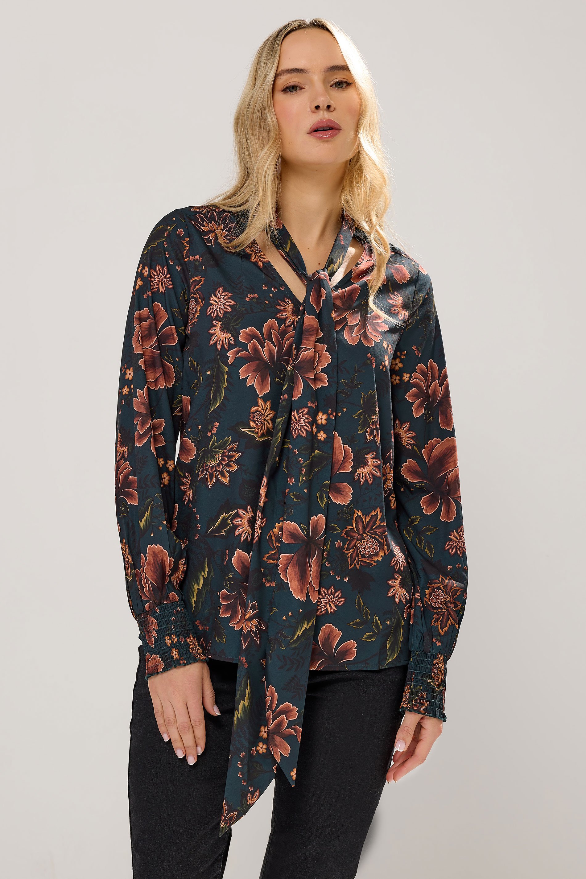LTS Tall Navy Blue Floral Tie Neck Blouse | Long Tall Sally  1