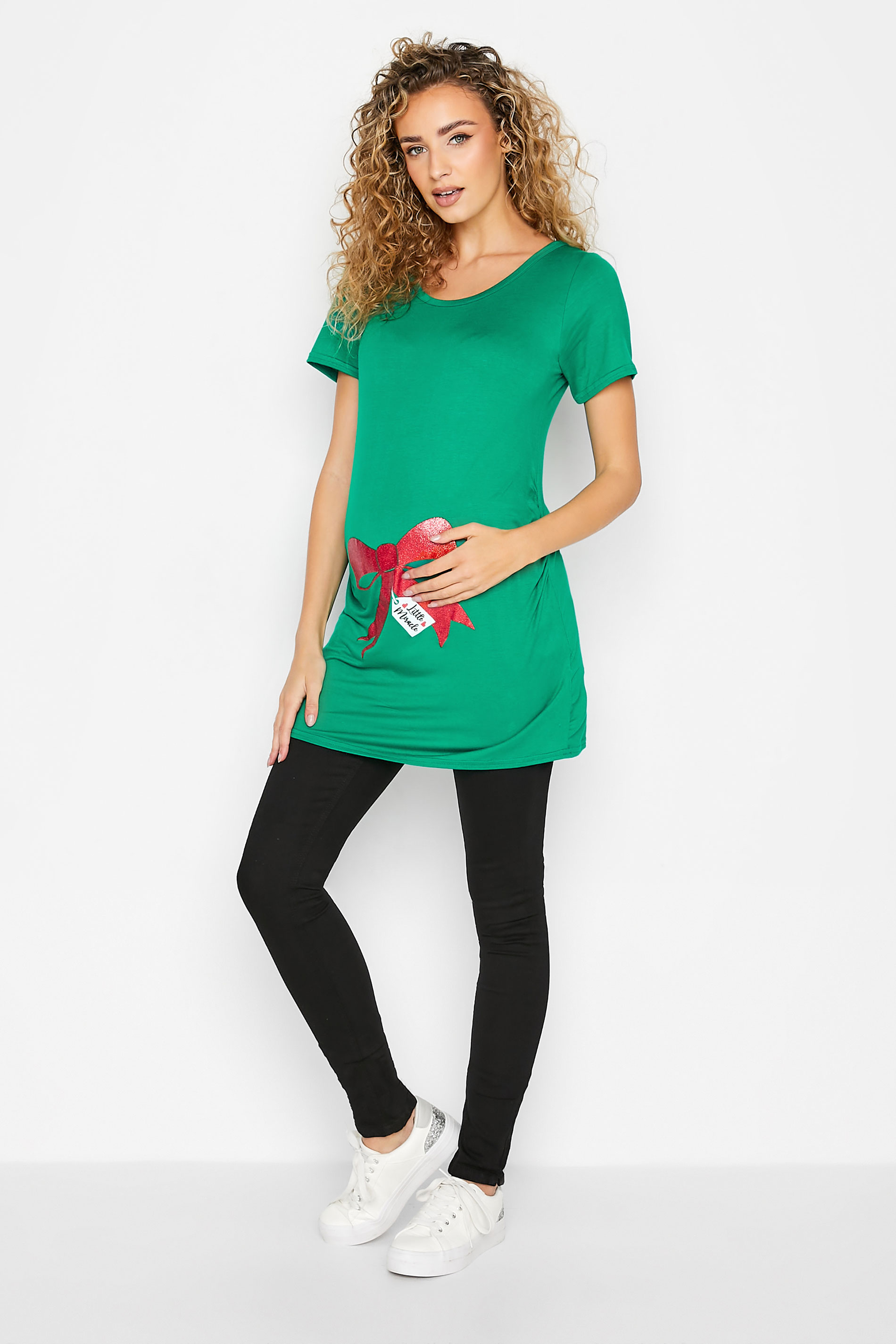 LTS Tall Maternity Green & Red Bow Print 'Little Miracle' Christmas T-shirt | Long Tall Sally 2