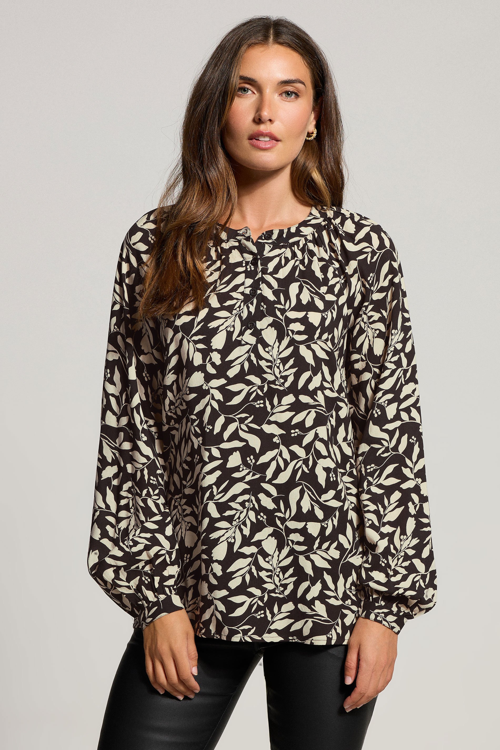 LTS Tall Black Abstract Leaf Placket Button Shirt | Long Tall Sally 1