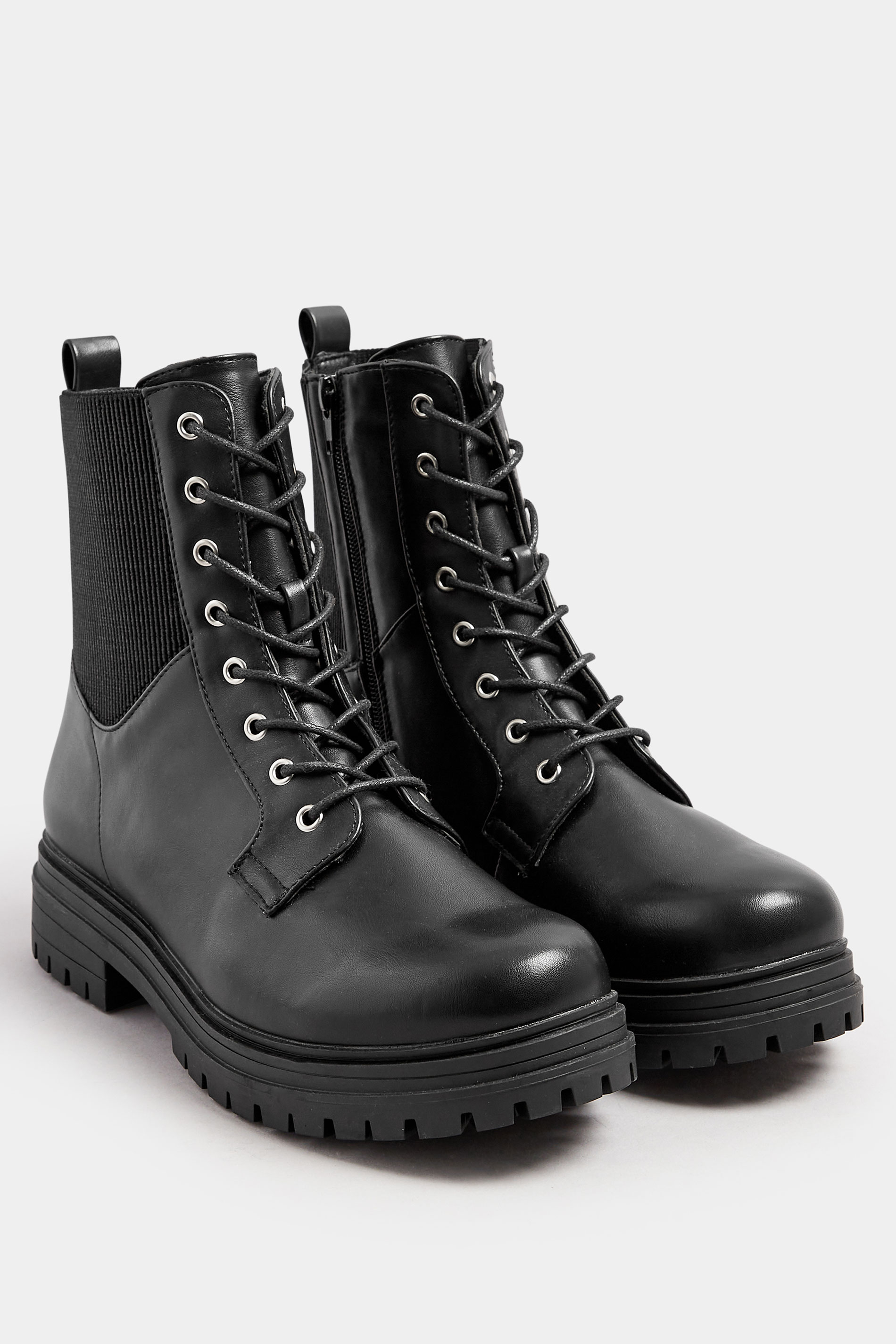 Black Stretch Panel Lace Up Chunky Boots In Wide E Fit & Extra Wide EEE Fit | Yours Clothing 2
