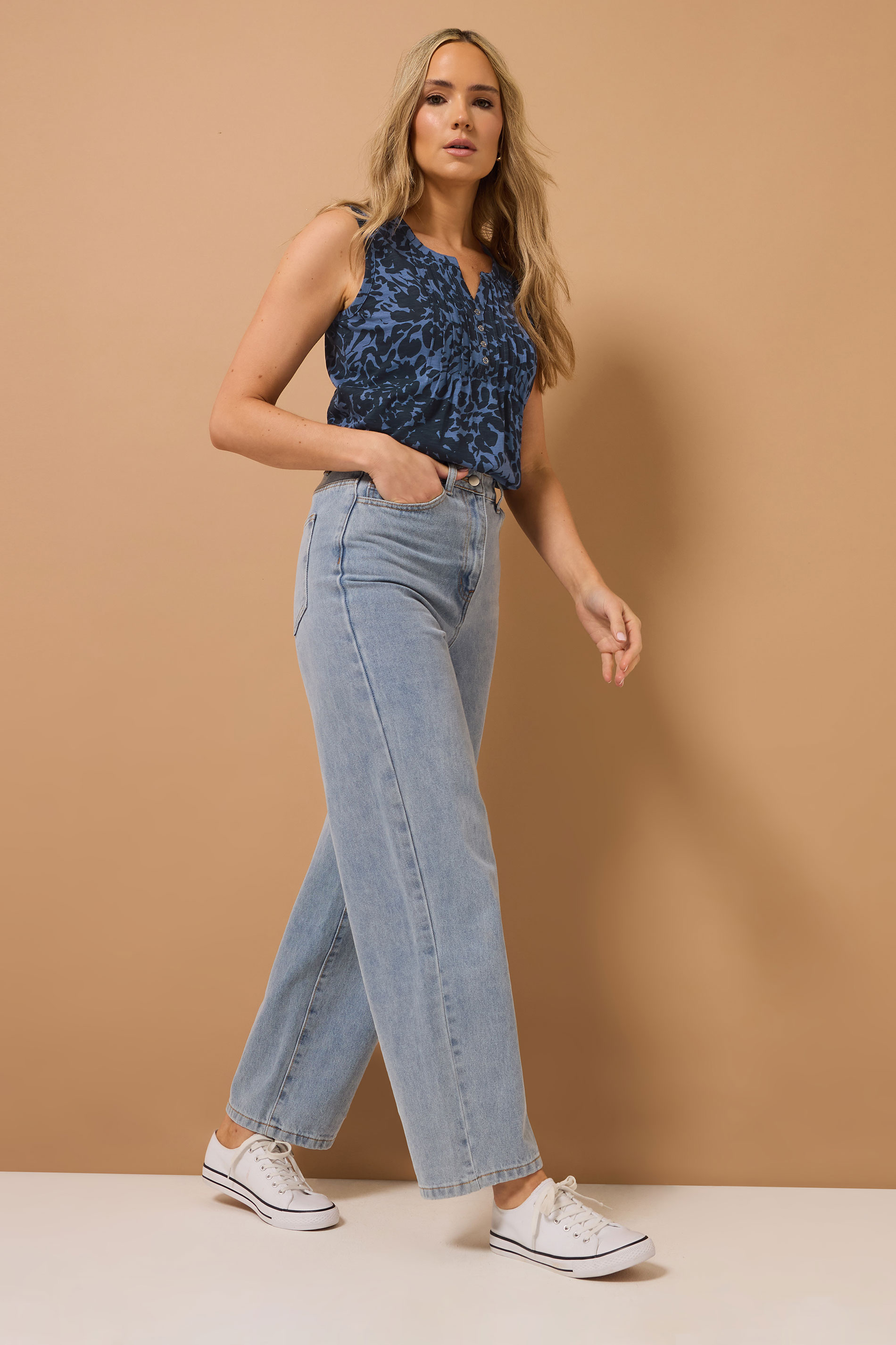 LTS Tall 2 PACK White & Navy Blue Abstract Leaf Henley Vest Tops | Long Tall Sally 4