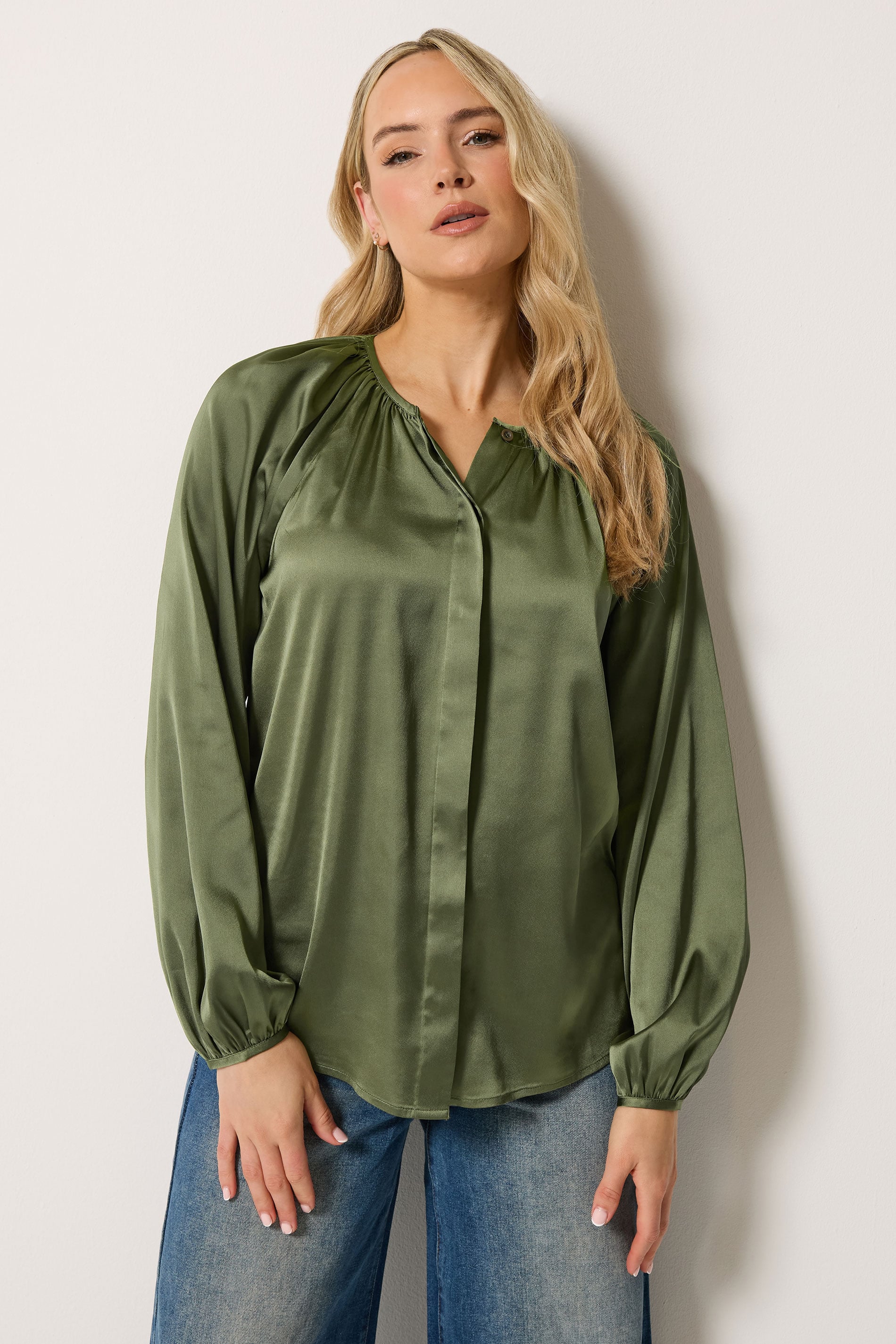 LTS Tall Women's Khaki Green Satin Button Top | Long Tall Sally 1