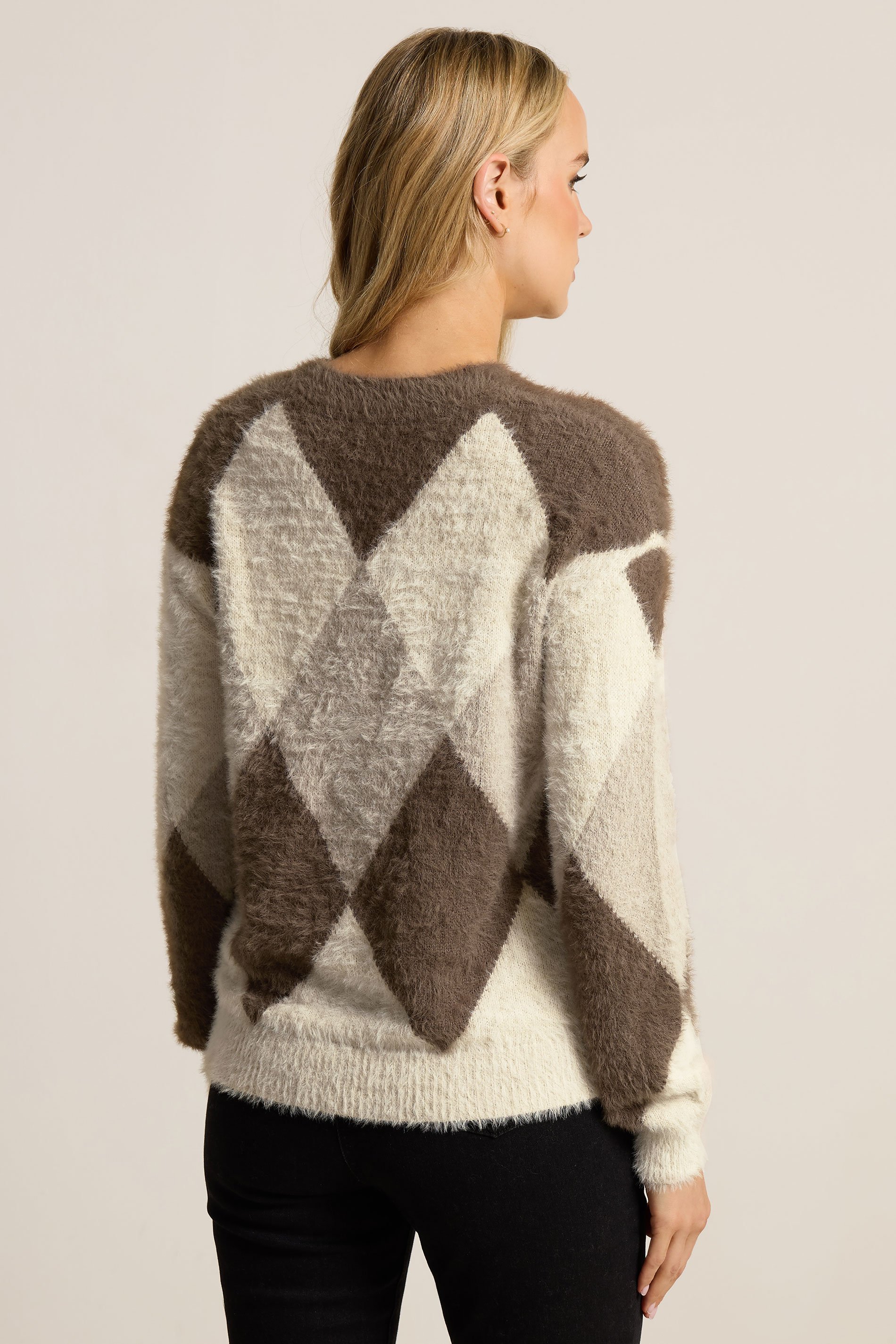 LTS Tall Brown Fluffy Knit Argyle Jumper | Long Tall Sally 4