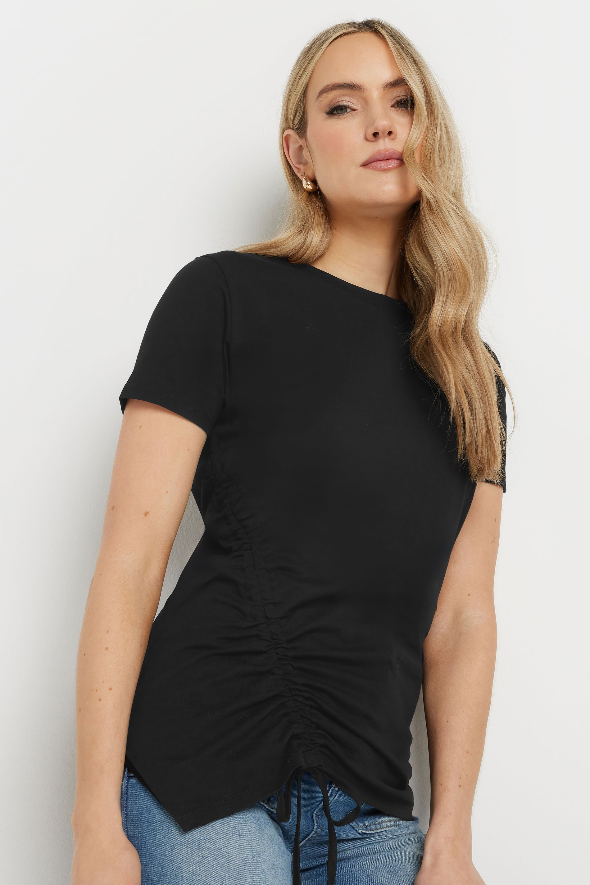 LTS Tall Black Cotton Asymmetric Ruched T-Shirt | Long Tall Sally 4