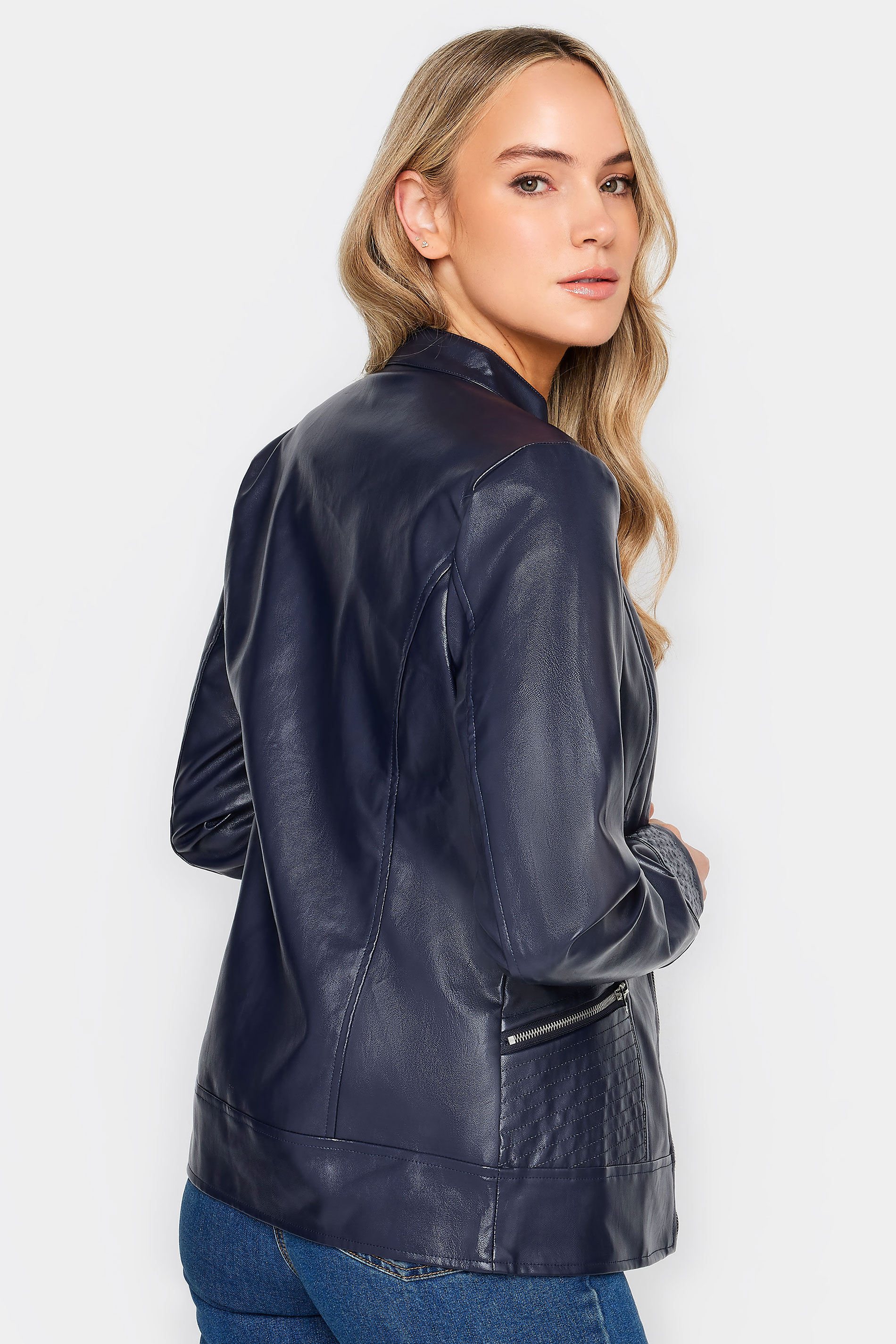 LTS Tall Navy Blue Leather Funnel Neck Jacket | Long Tall Sally  3