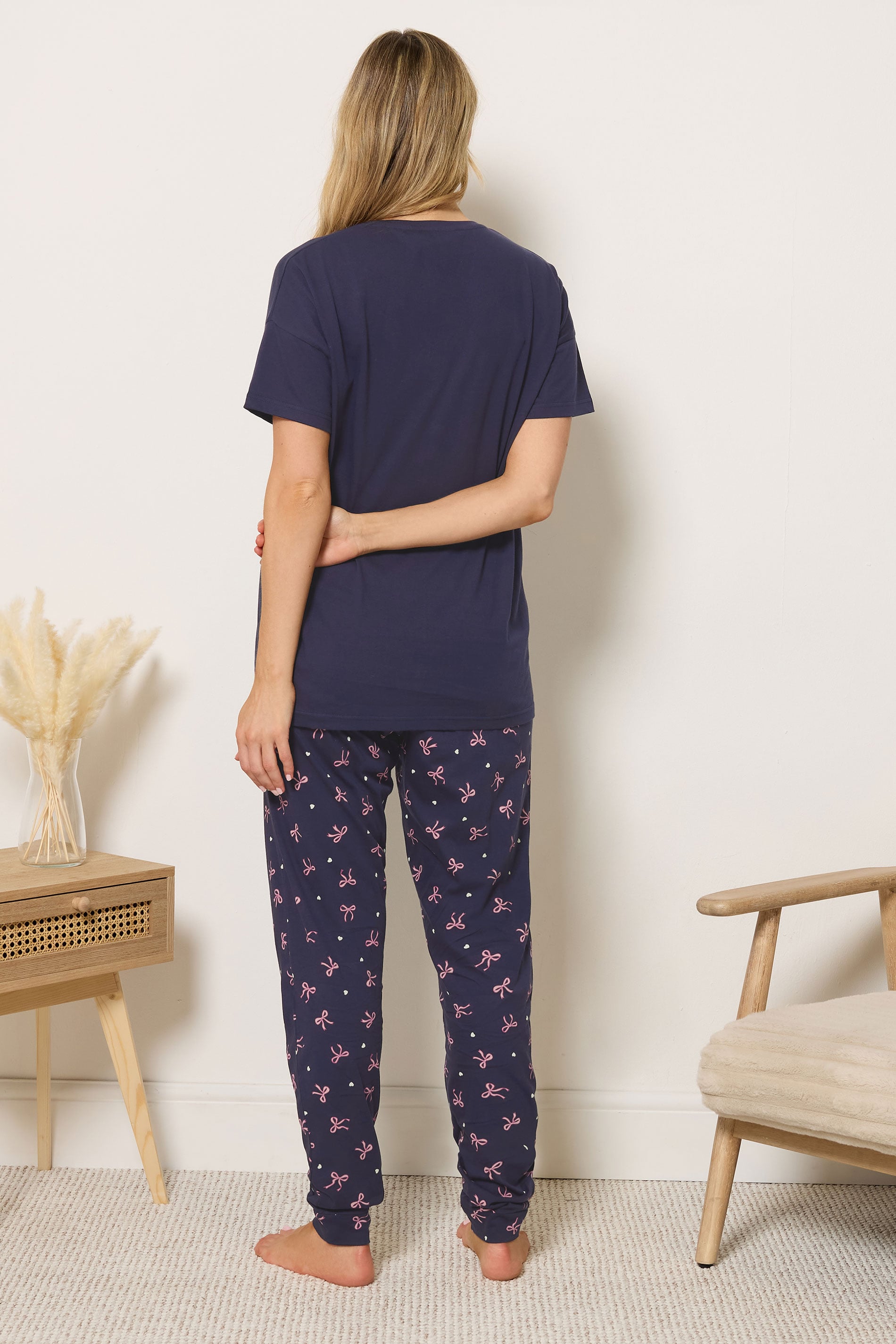 LTS Tall Women's Navy Blue Bow Print Cotton Cuffed Pyjama Set | Long Tall Sally 2