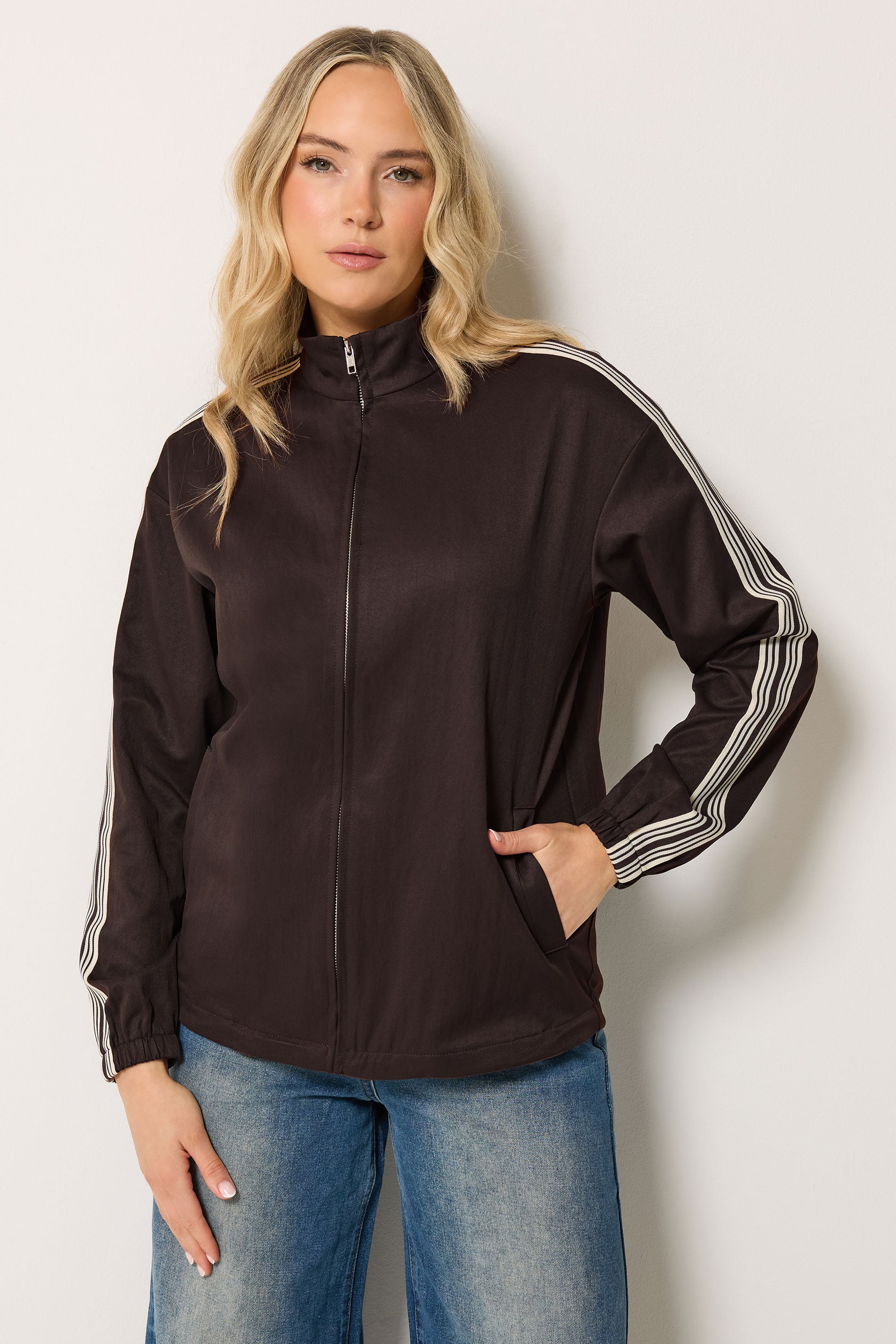 LTS Tall Women's Chocolate Brown Side Stripe Cotton Funnel Neck Jacket | Long Tall Sally 1