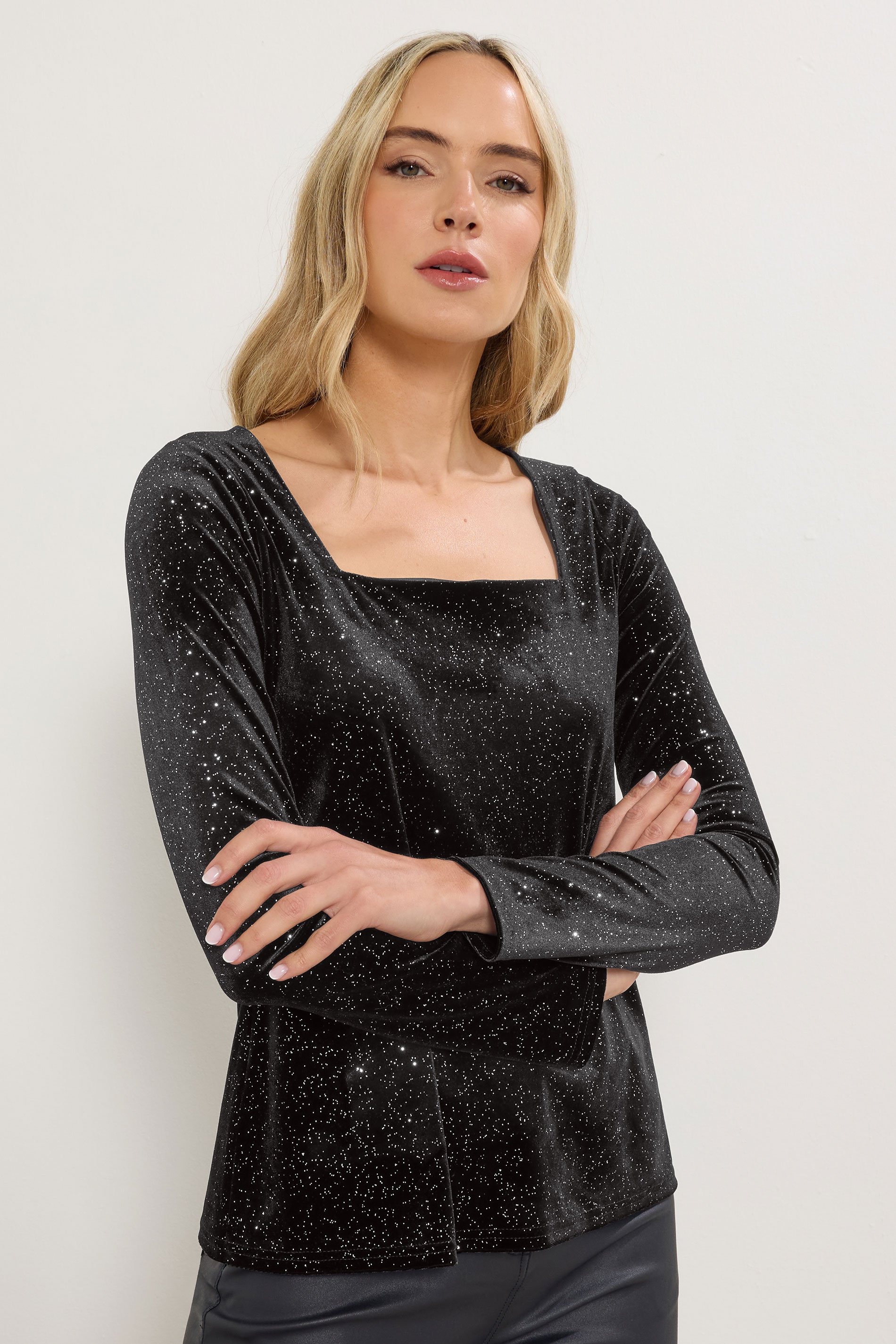 LTS Tall Womens Black Velvet Glitter Square Neck Top | Long Tall Sally 1
