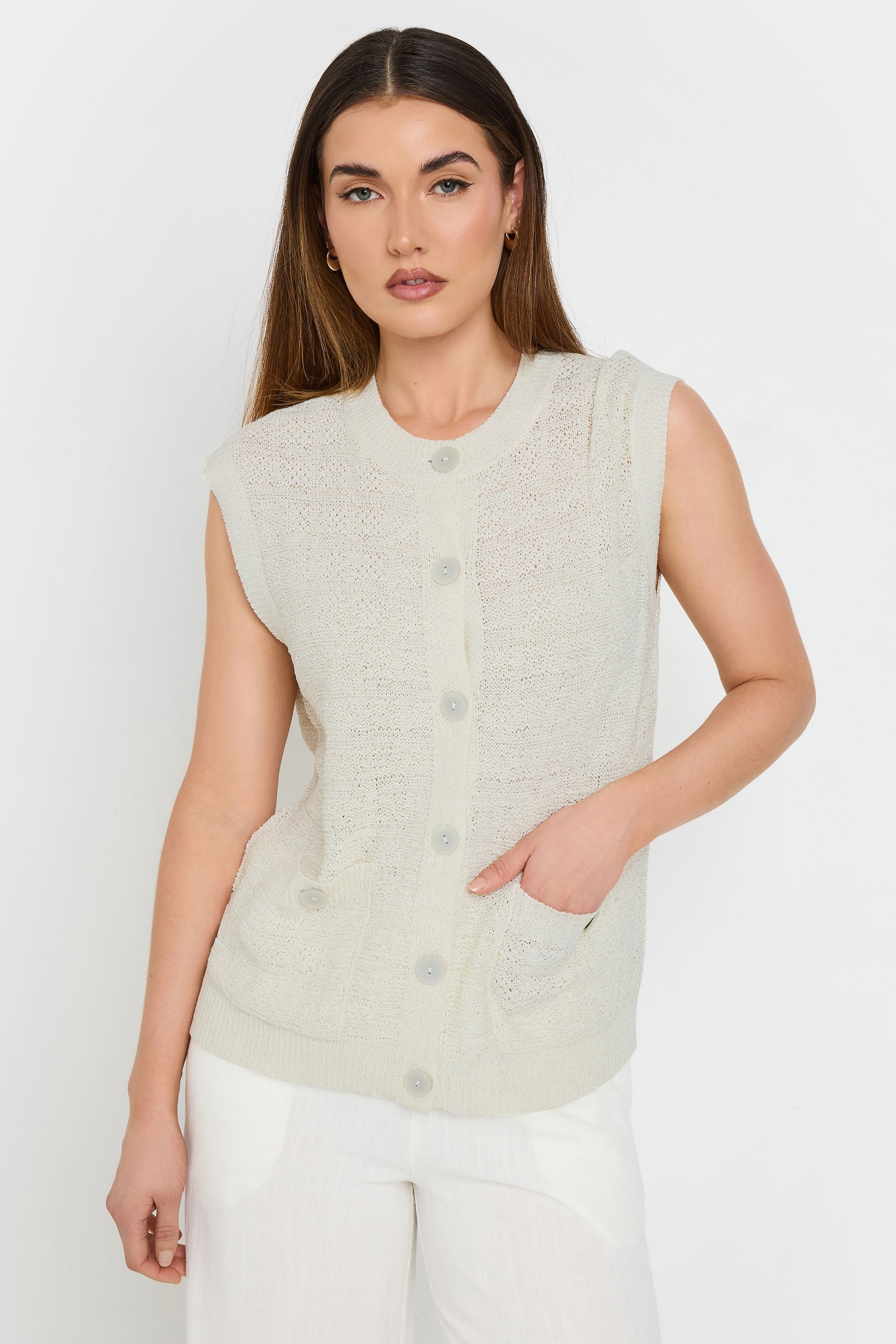LTS Tall Ivory White Knitted Metallic Button Vest Top | Long