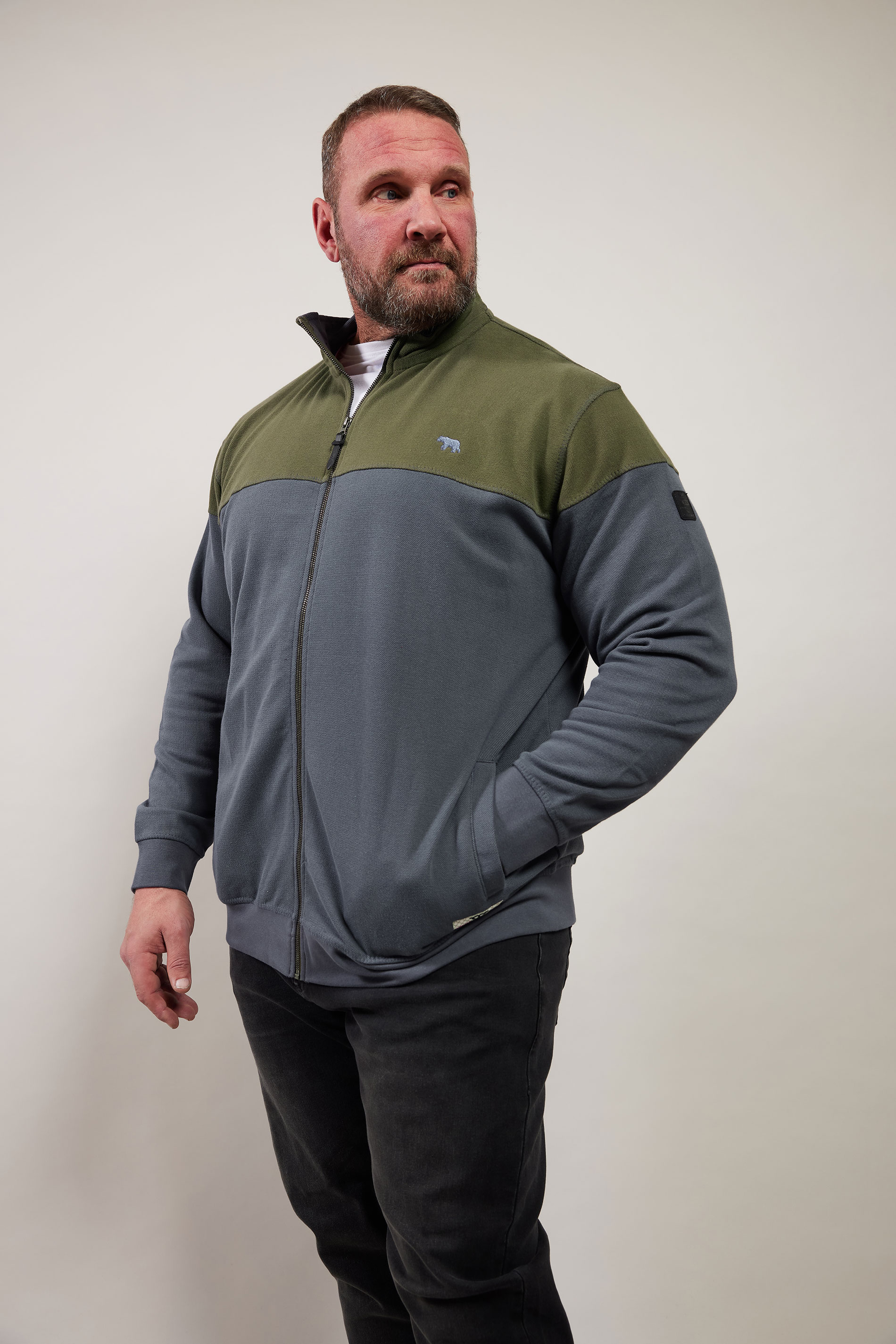 D555 Big & Tall Khaki Green & Grey Zip Through Embroidered Logo Fleece | BadRhino 1