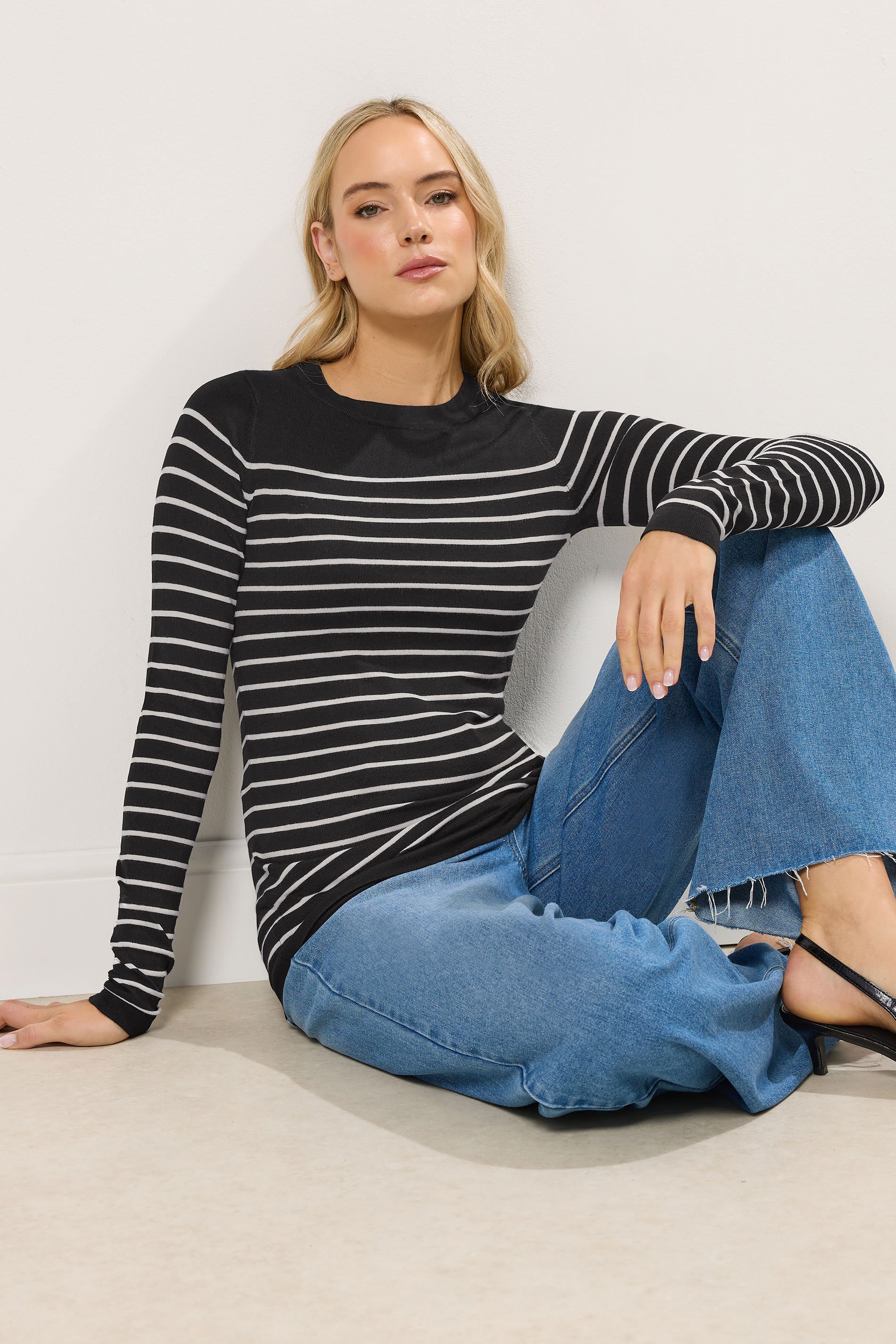 LTS Tall Black Fine Knit Striped Jumper | Long Tall Sally 1