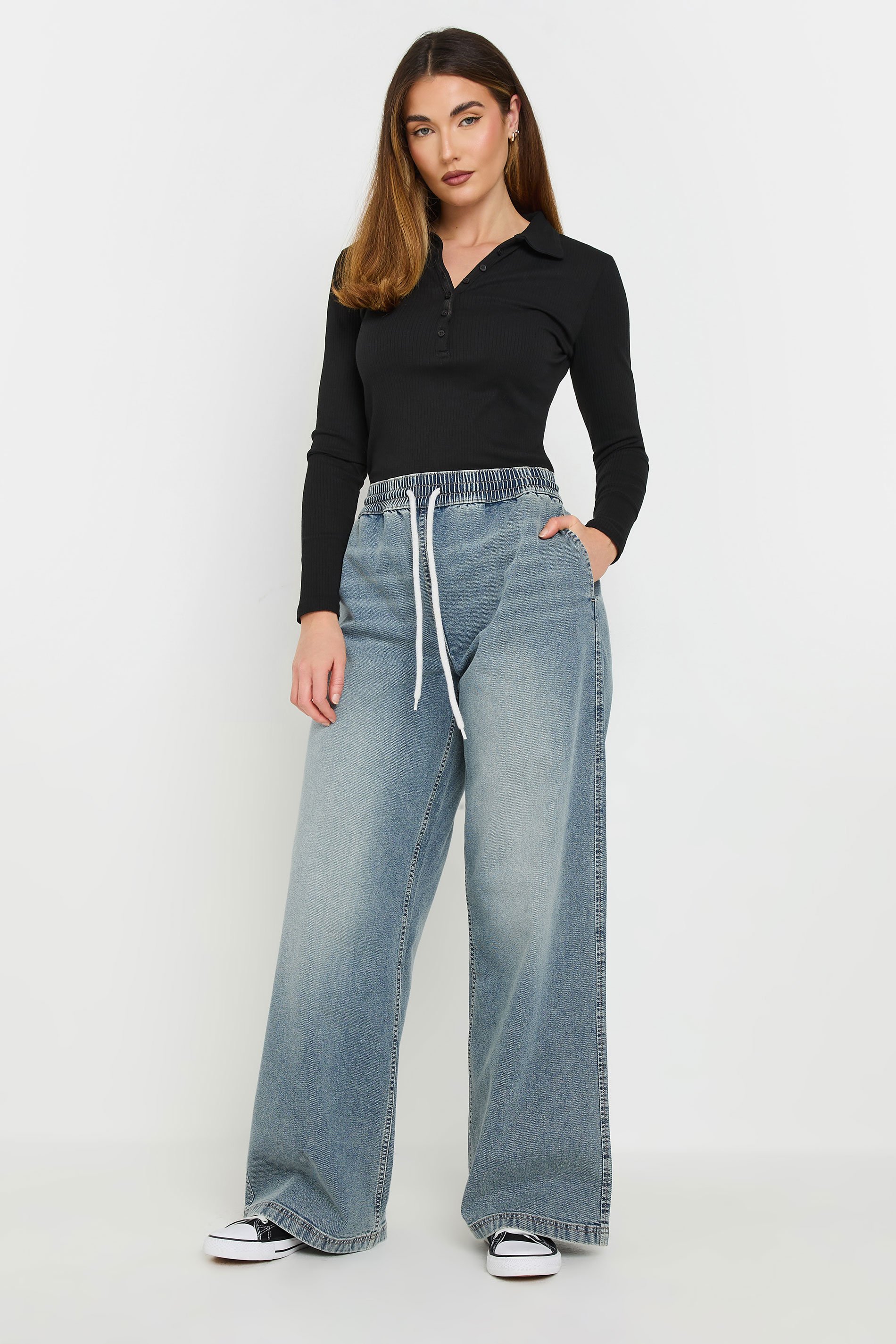 LTS Tall Mid Blue Washed Denim Pull-On Wide Leg Jeans | Long