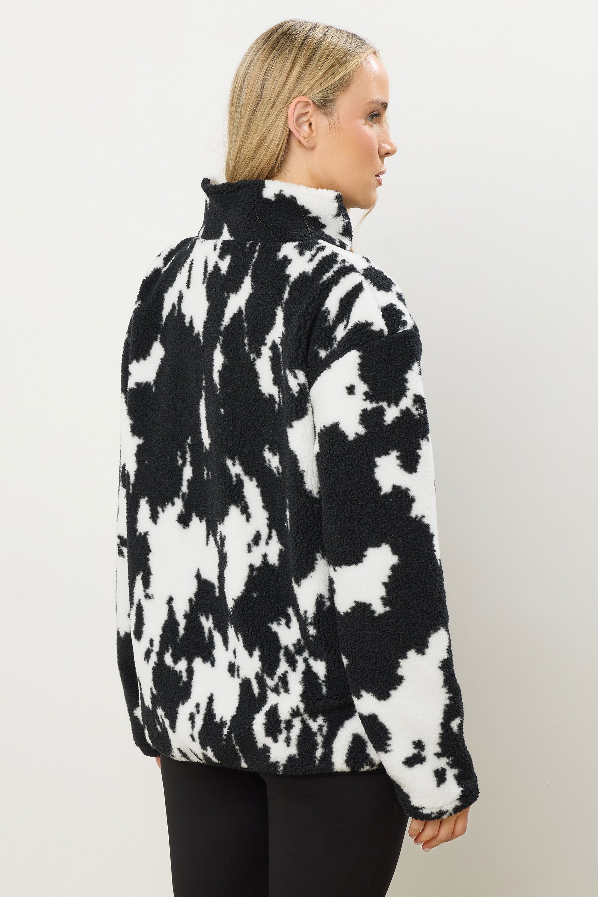 LTS Tall Black Cow Print Zip Fleece Jacket | Long Tall Sally 3