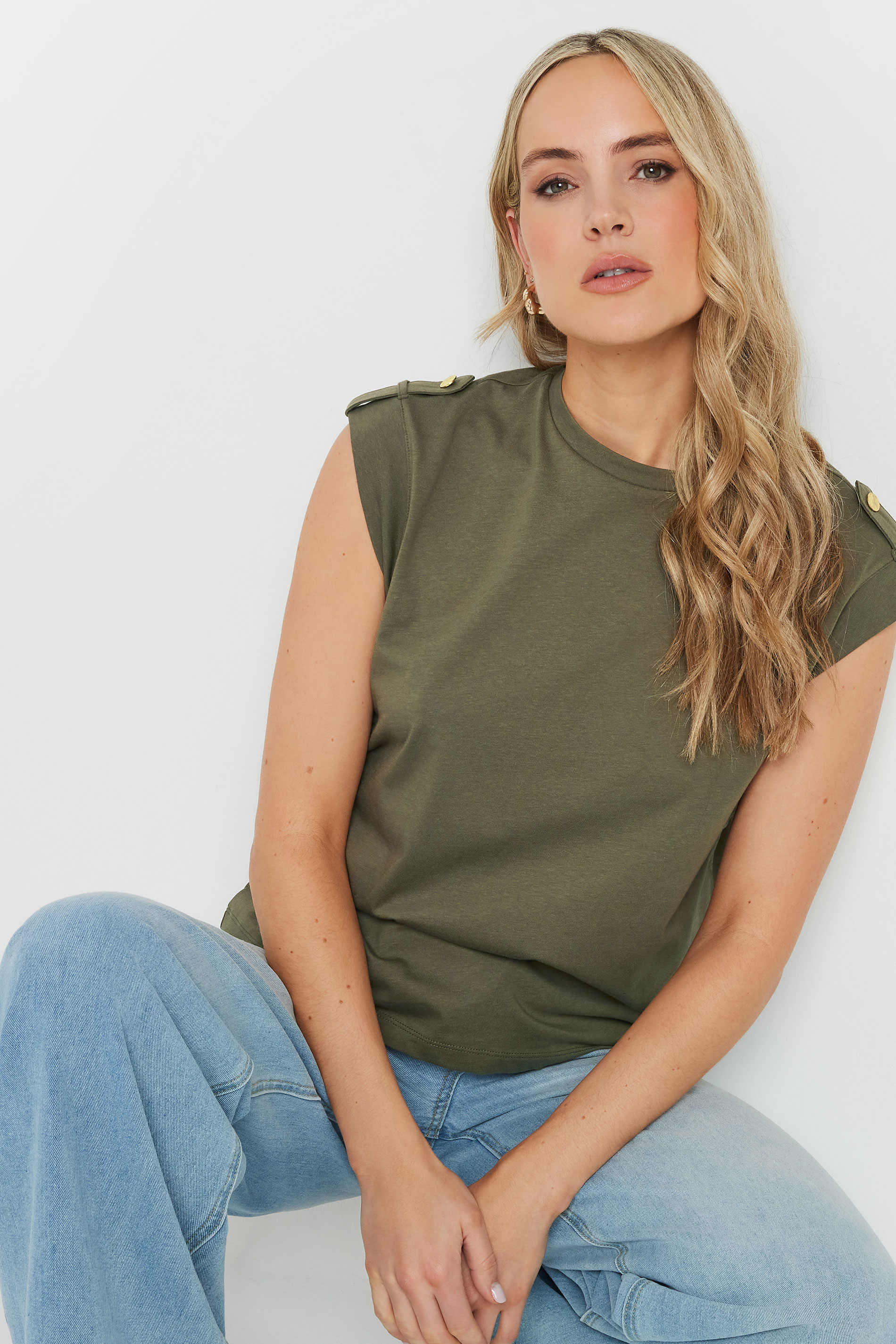 LTS Tall Khaki Green Cotton Shoulder Tab T-Shirt | Long Tall Sally 4
