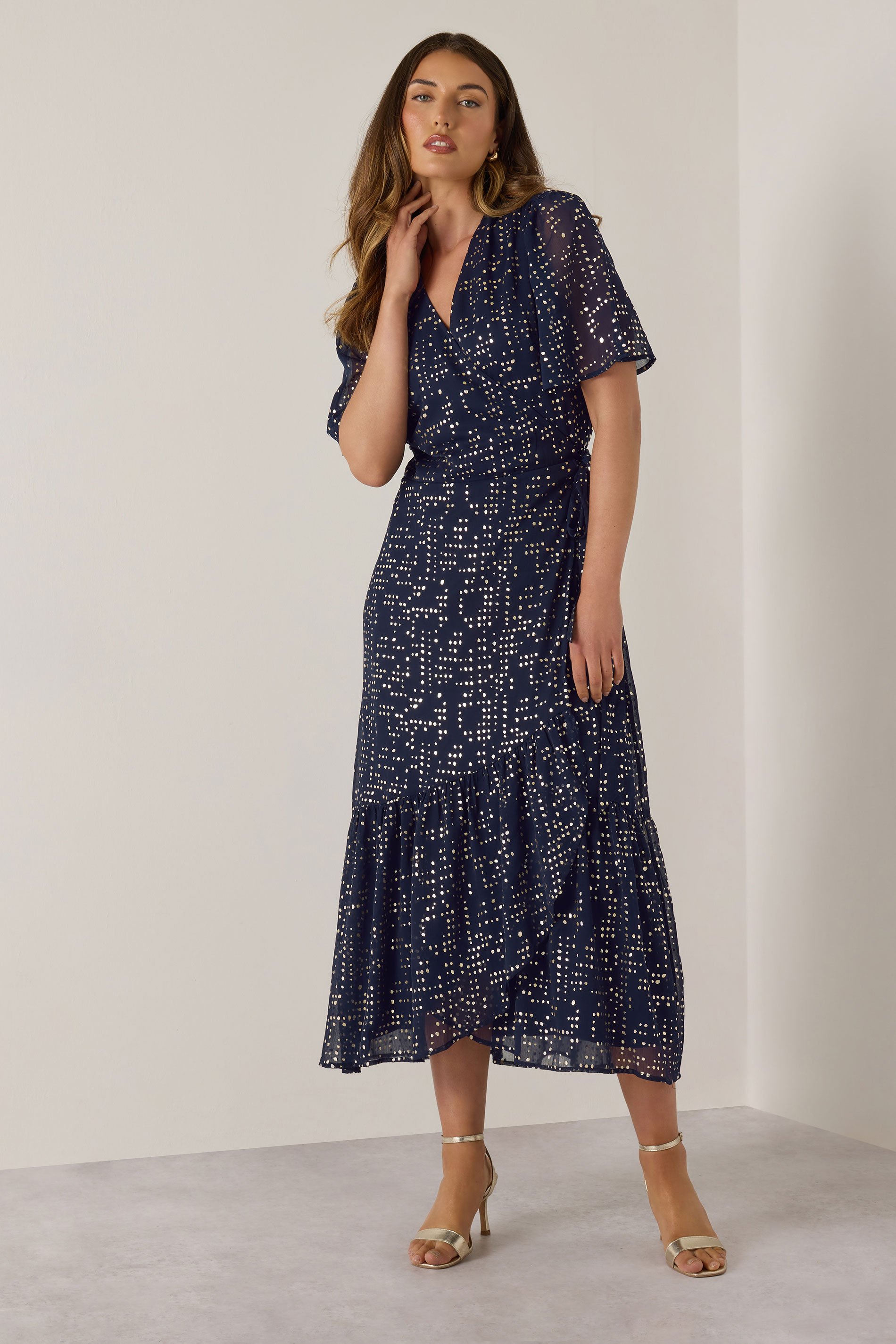 LTS Tall Navy Blue Chiffon Foil Dot Wrap Dress | Long Tall Sally 1