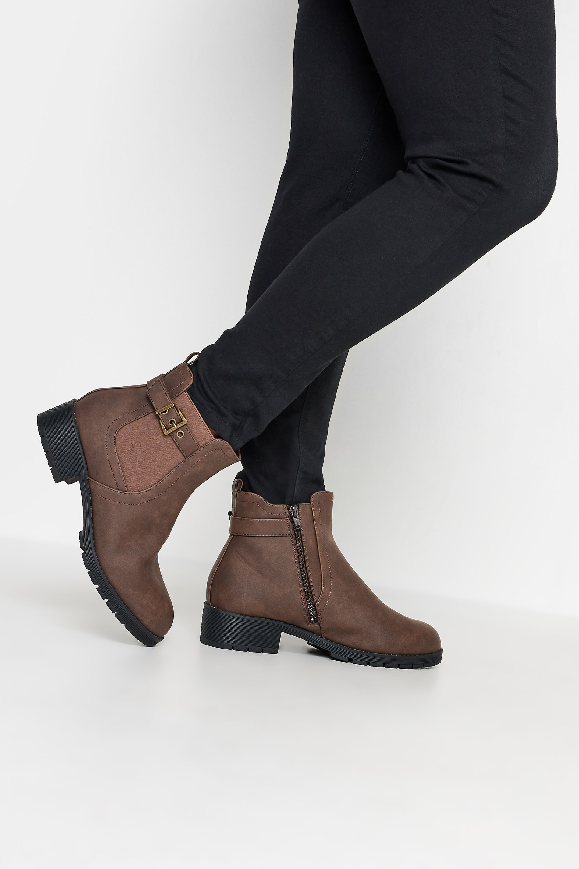 Brown Faux Leather Buckle Ankle Boots In Wide E Fit & Extra Wide EEE Fit | Yours Clothing 1