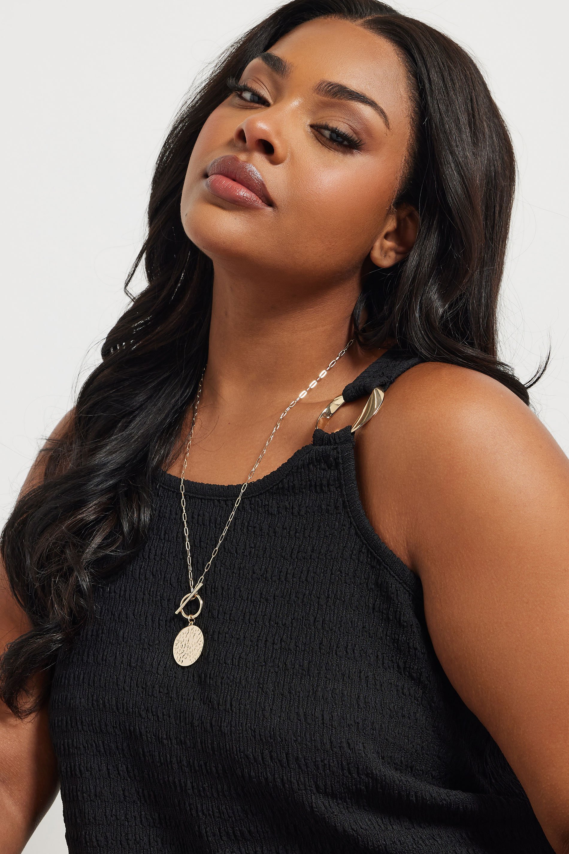 Gold Tone Textured Circle Long Necklace | Yours Clothing 1