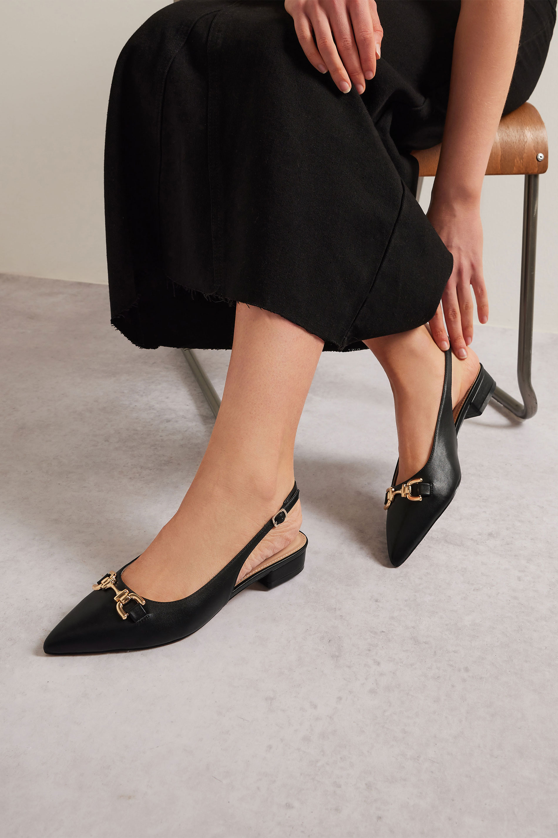 LTS Black Metal Buckle Slingback Flats In Standard Fit | Long Tall Sally 1