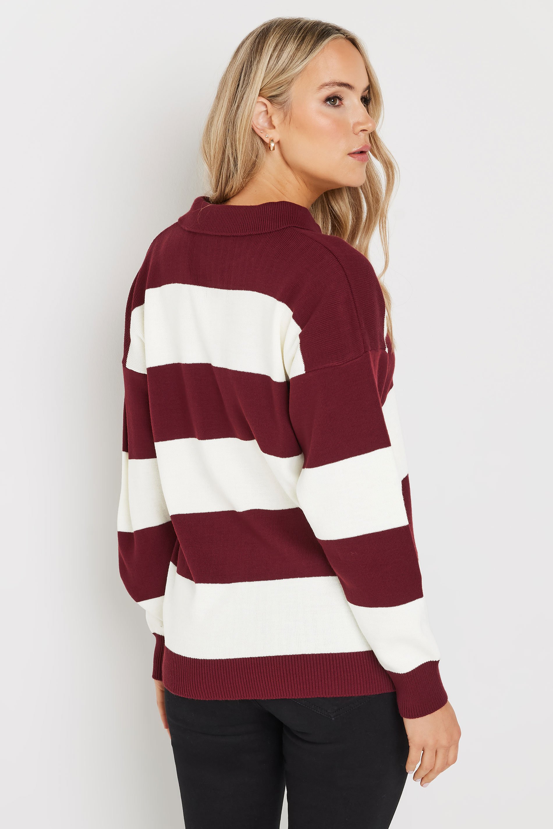 LTS Tall Burgundy Red Knitted Stripe Collared Jumper | Long Tall Sally 3