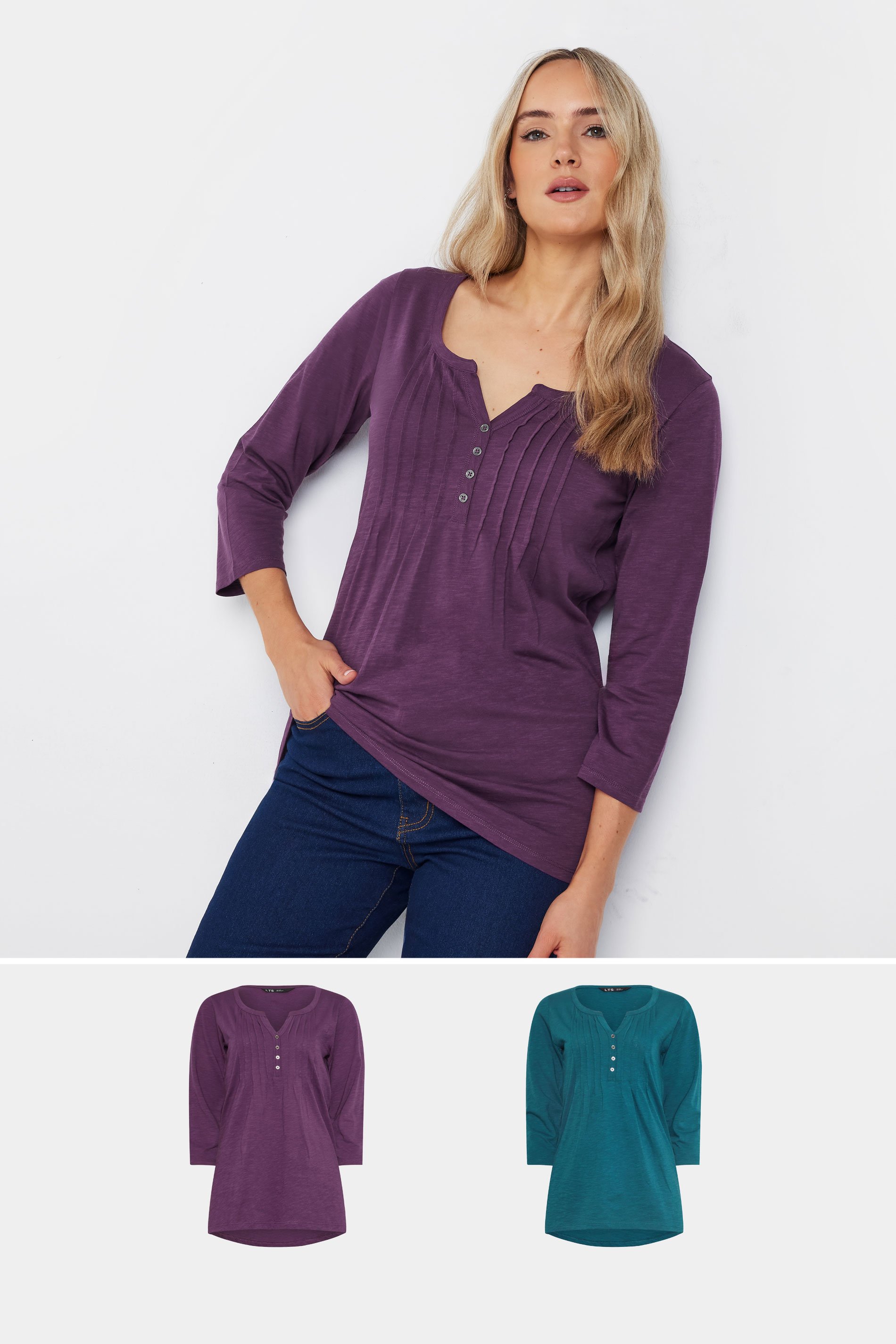 LTS Tall 2 PACK Purple & Teal Blue Henley Tops | Long Tall Sally