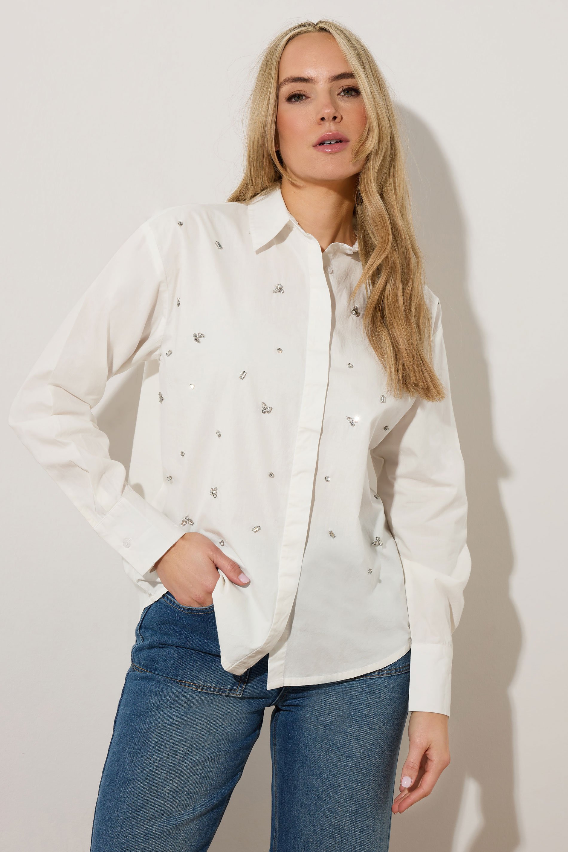 LTS Tall White Embellished Long Sleeve Shirt | Long Tall Sally 1