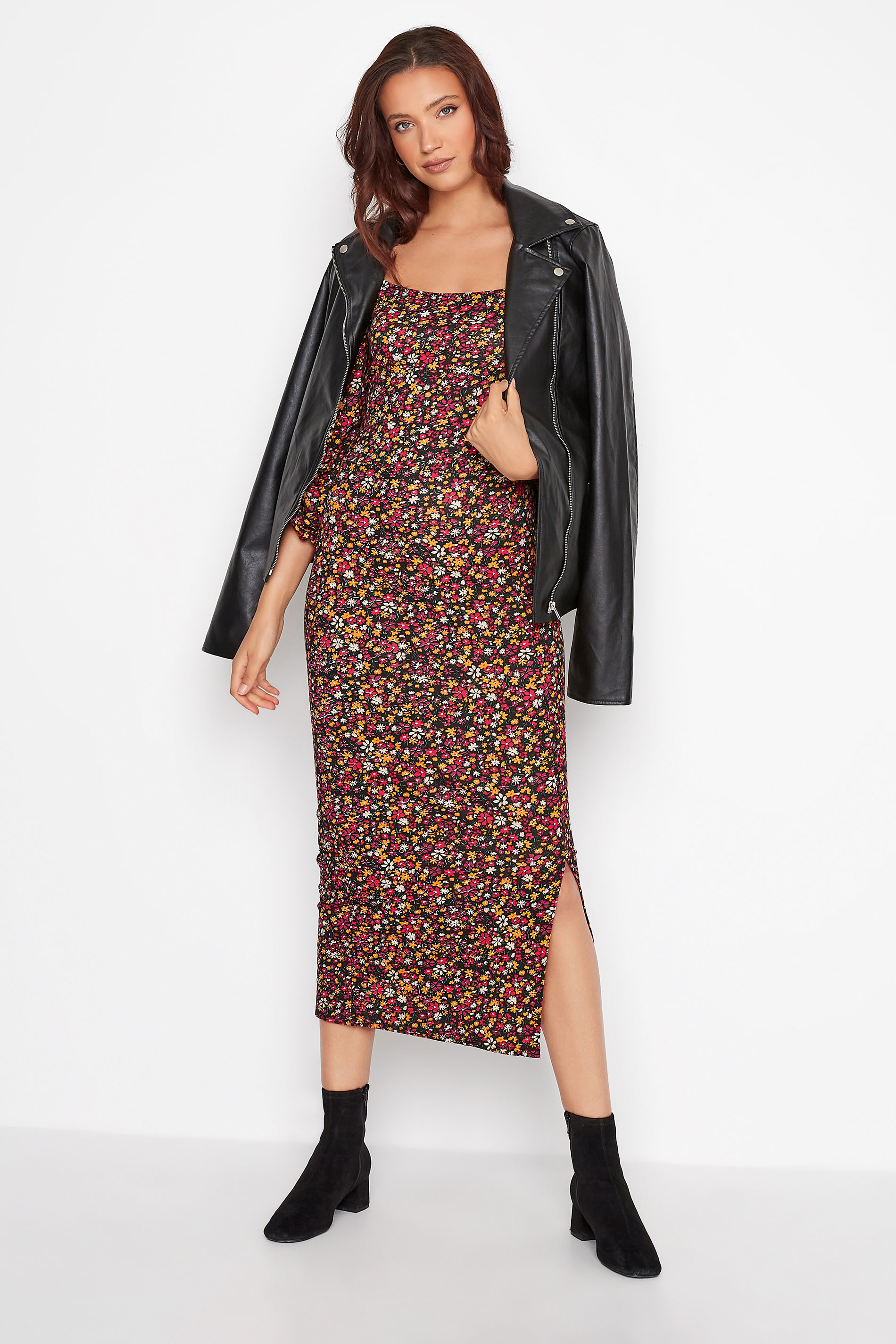 Tall Women's Black & Orange Floral Side Split Midi Dress | Long Tall Sally  2