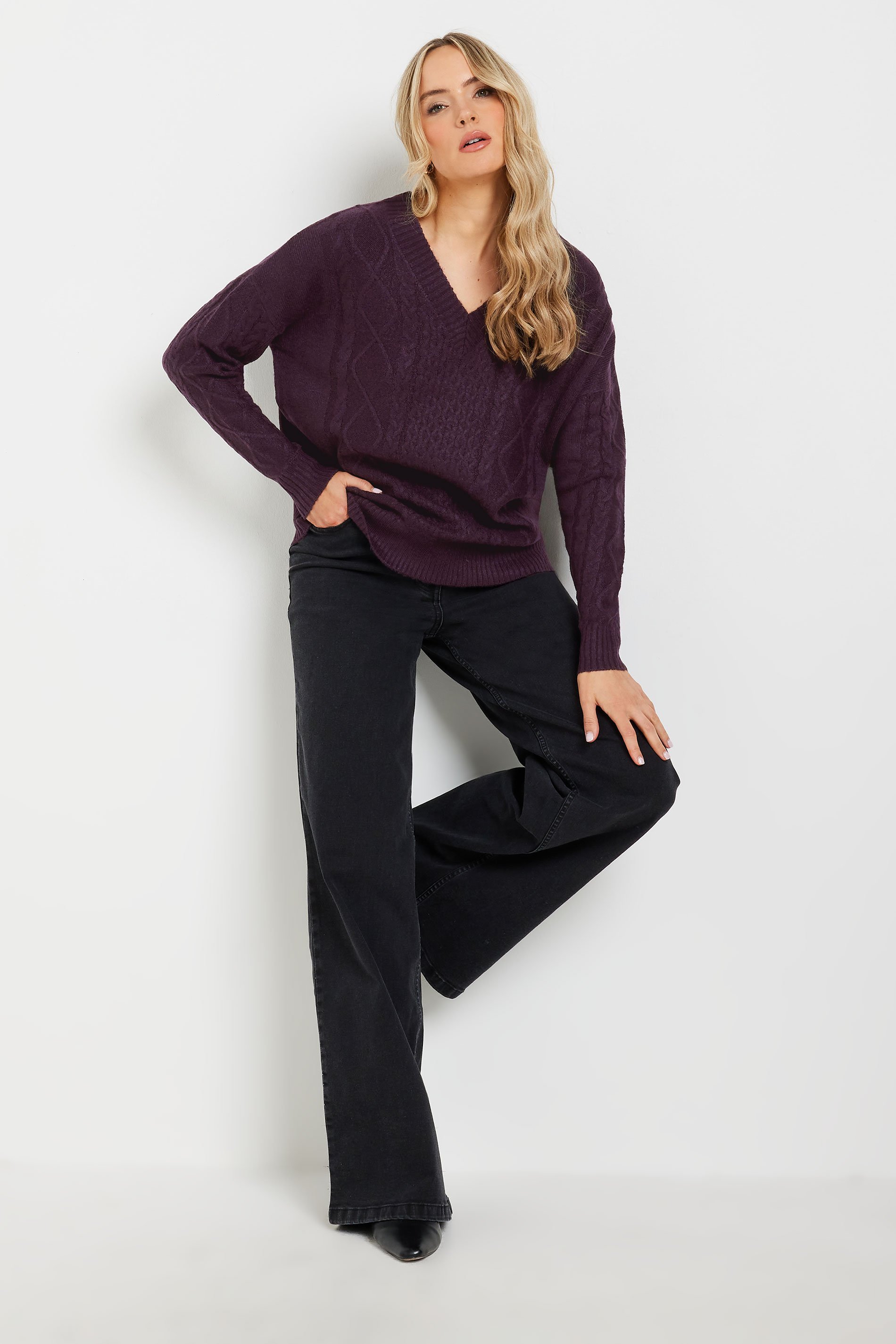LTS Tall Dark Purple Cable Knit V-Neck Jumper | Long Tall Sally 3