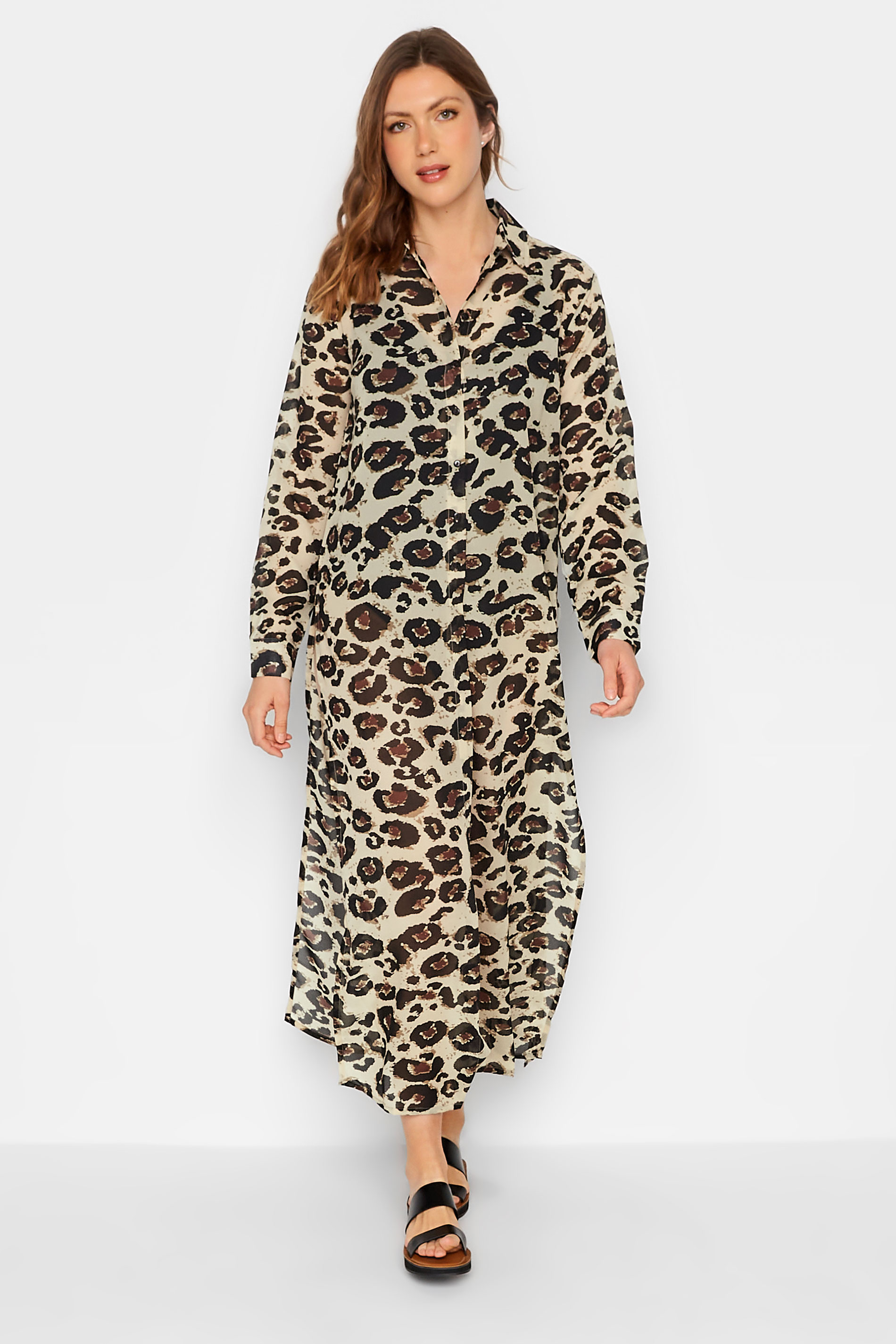 LTS Tall Brown Leopard Print Longline Beach Shirt | Long Tall Sally 2