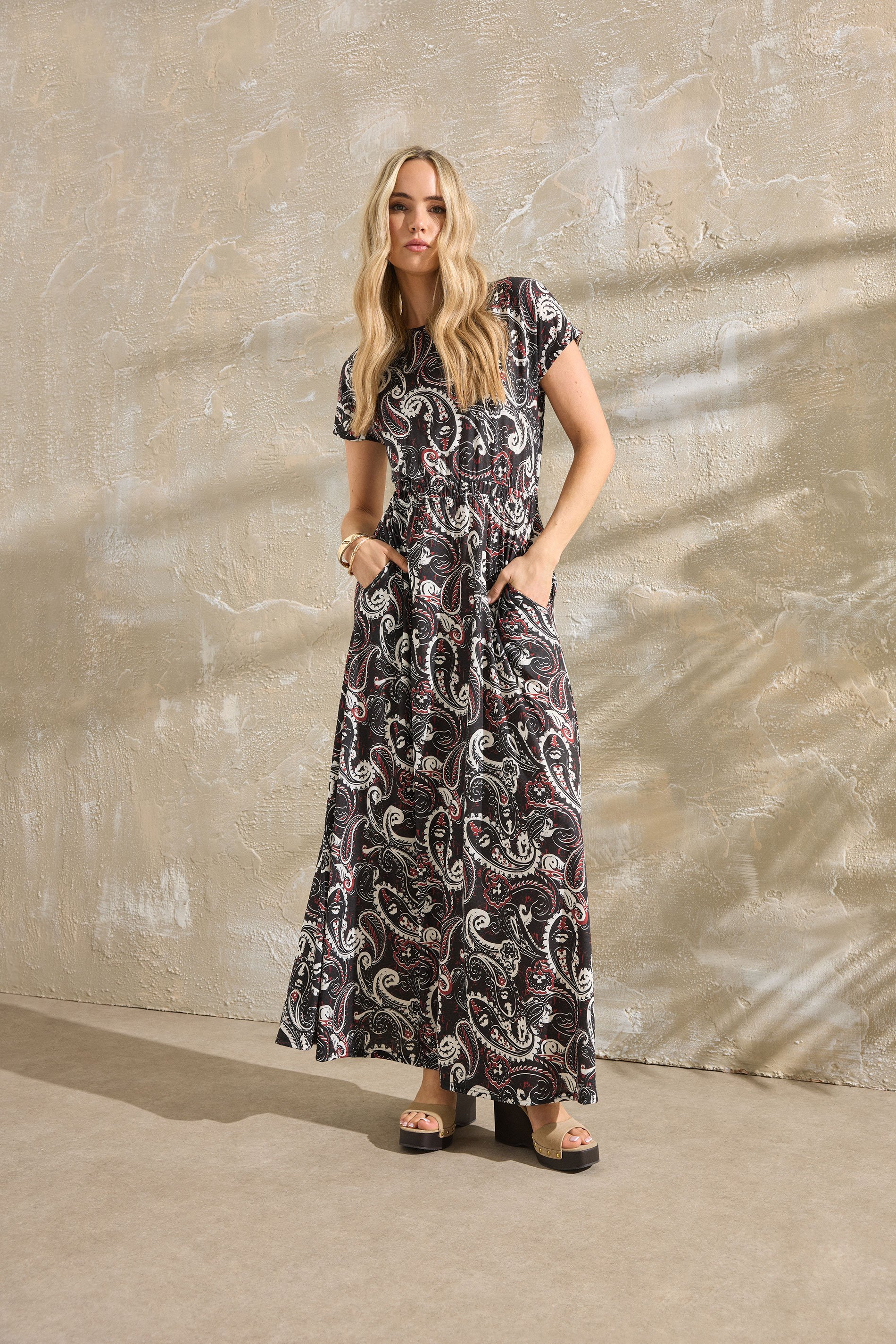 LTS Tall Black Paisley Shirred Waist Maxi Dress | Long Tall Sally 1
