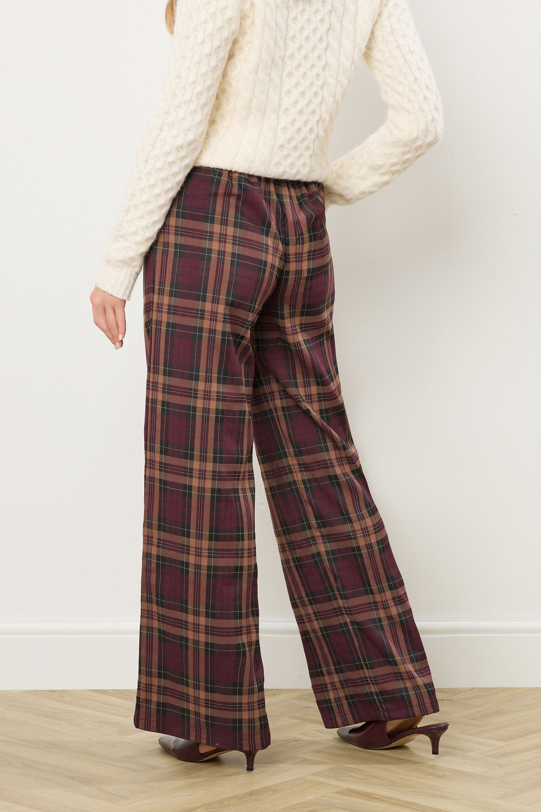 LTS Tall Burgundy Red Checked Wide Leg Trousers | Long Tall Sally 4
