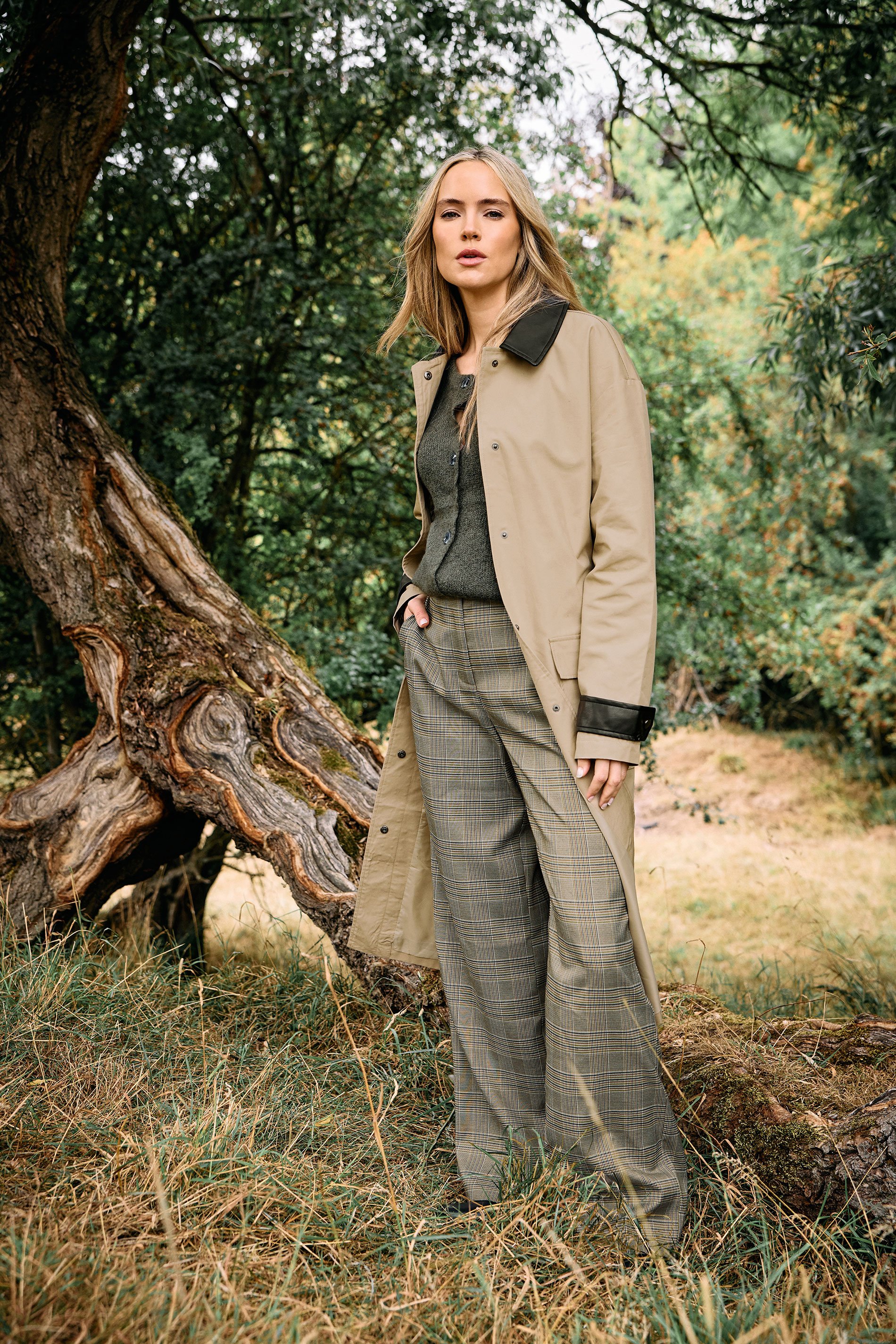 LTS Tall Beige Brown Check Wide Leg Trousers | Long Tall Sally 1