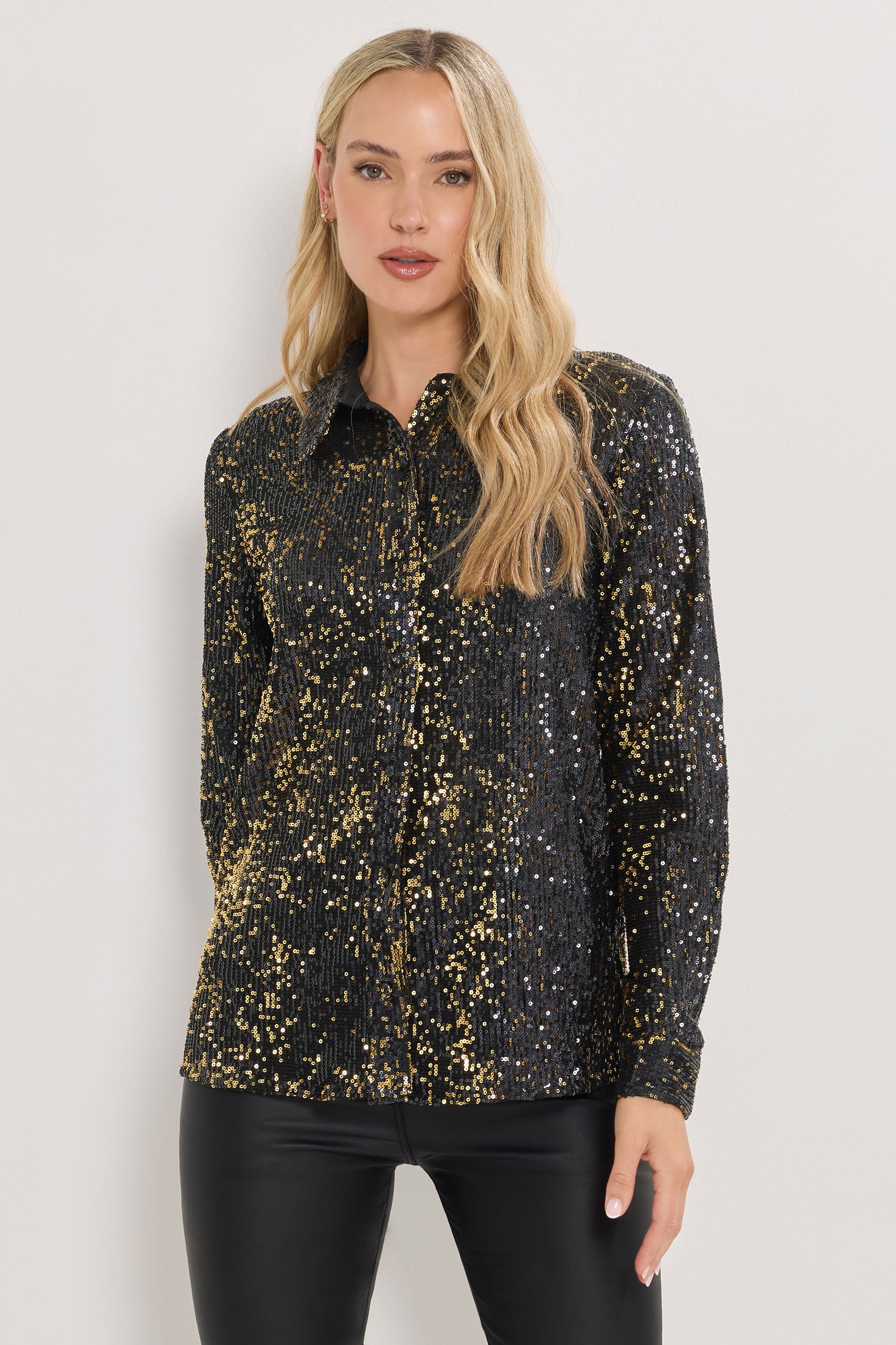 LTS Tall Black & Gold Sequin Embellished Shirt | Long Tall Sally 2