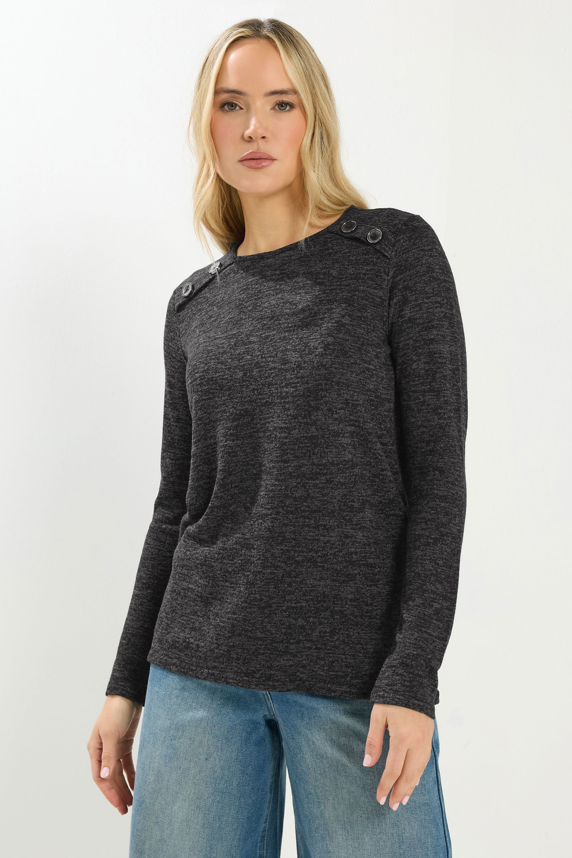 LTS Tall Grey Marl Button Long Sleeve Top | Long Tall Sally 1