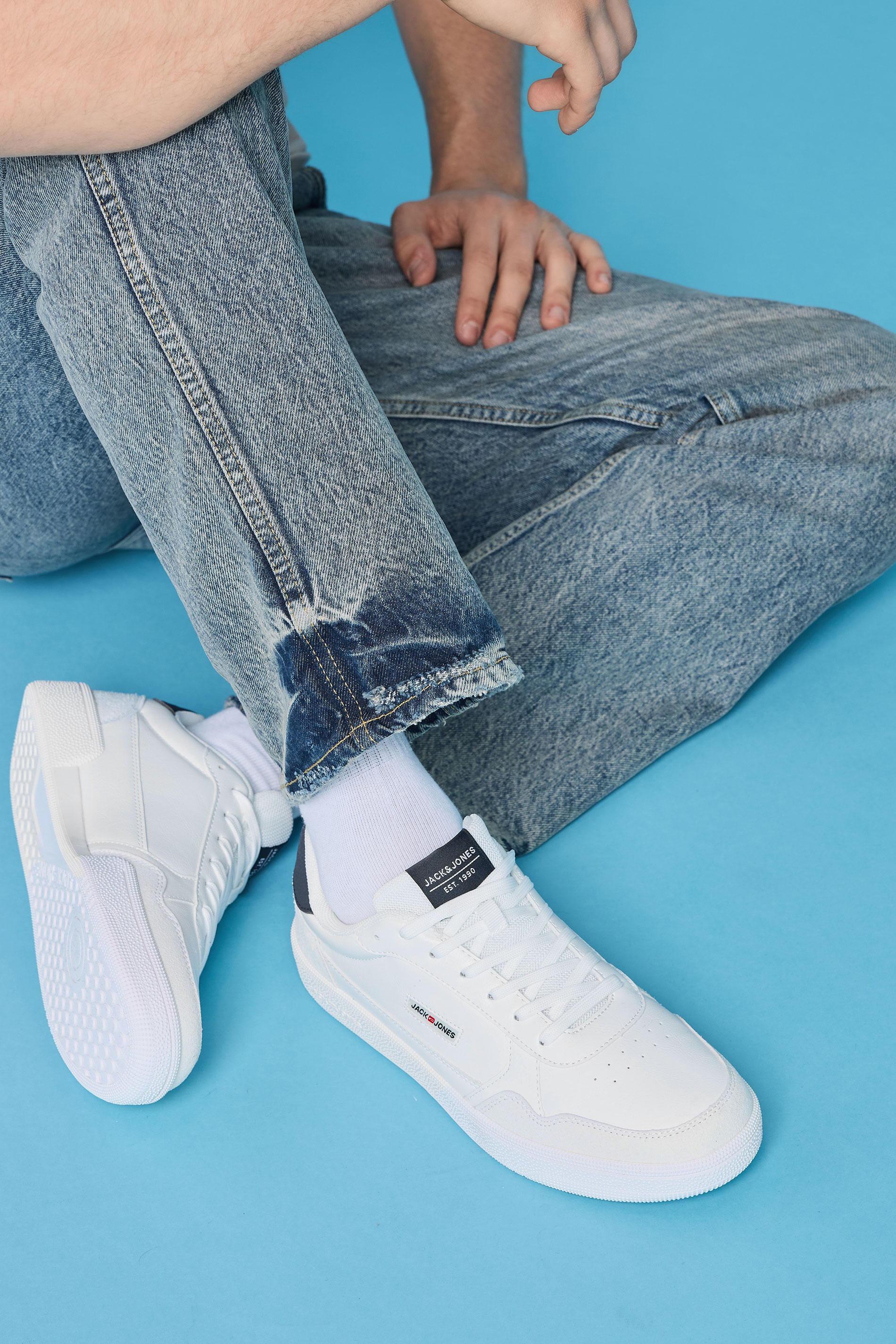 JACK & JONES White & Navy Blue Lace Up Trainers | BadRhino 1