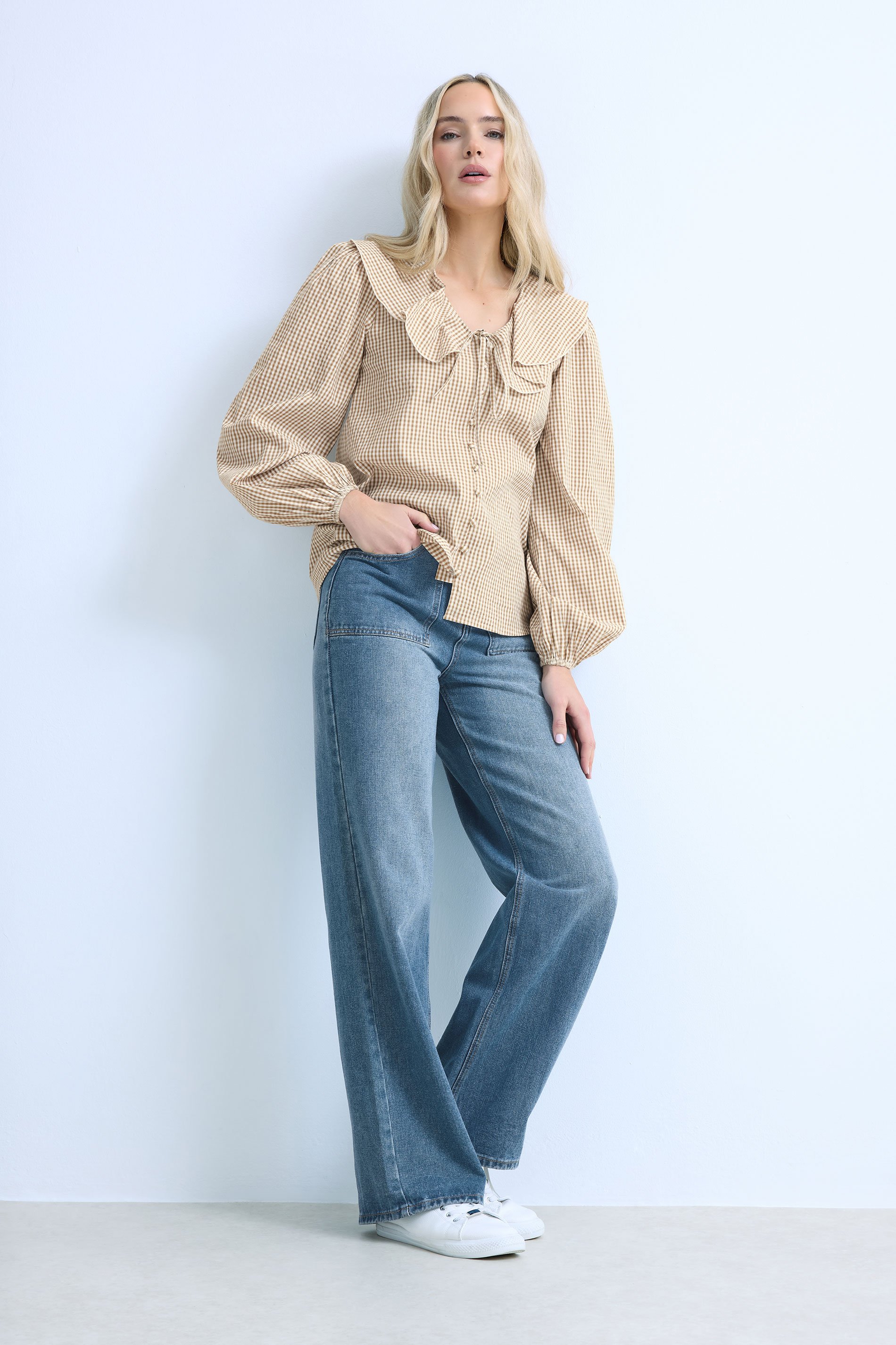 LTS Tall Women's Brown Cotton Gingham Check Collar Shirt | Long Tall Sally 1