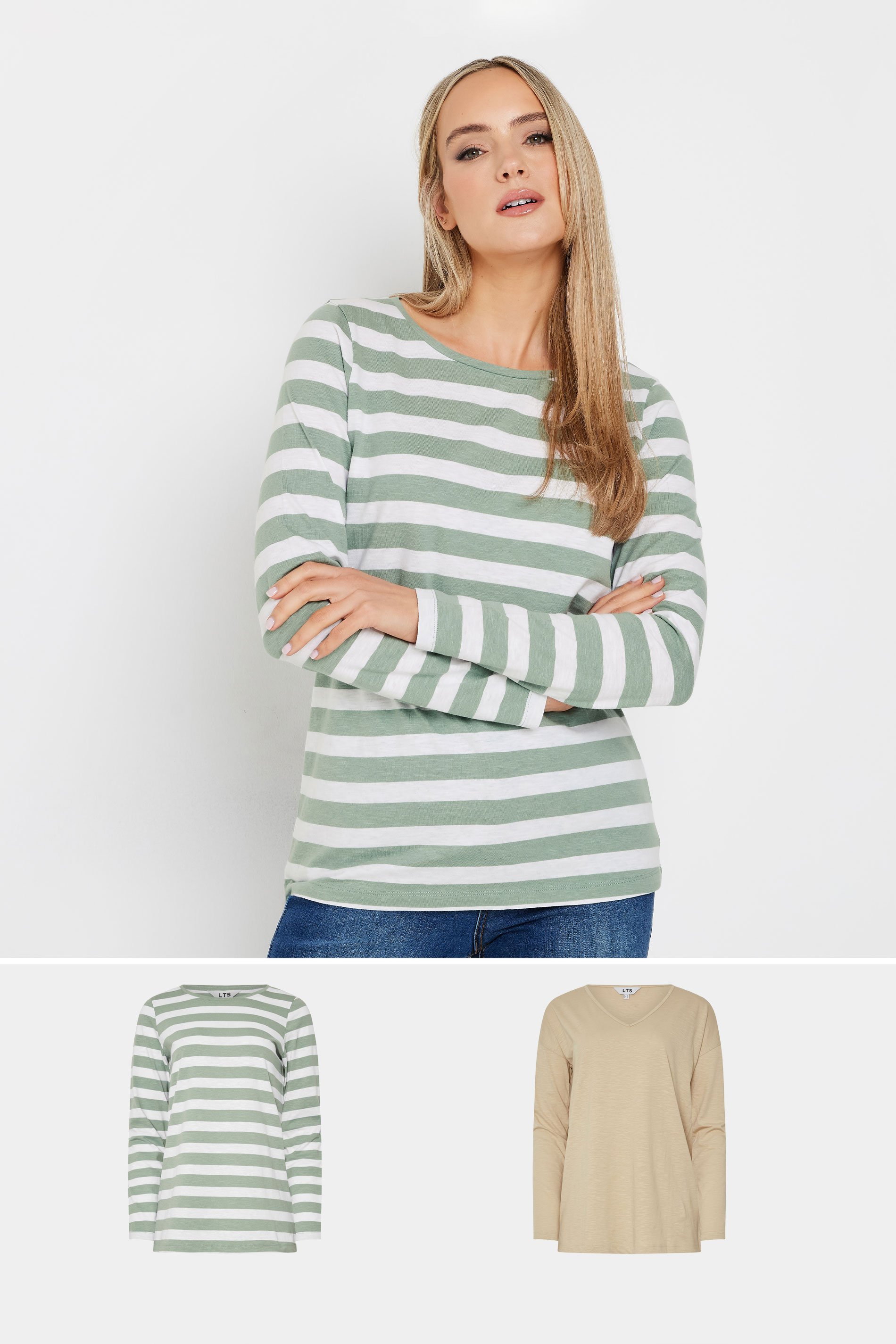 LTS Tall 2 PACK Beige Brown & Sage Green Long Sleeve T-Shirts | Long Tall Sally 1