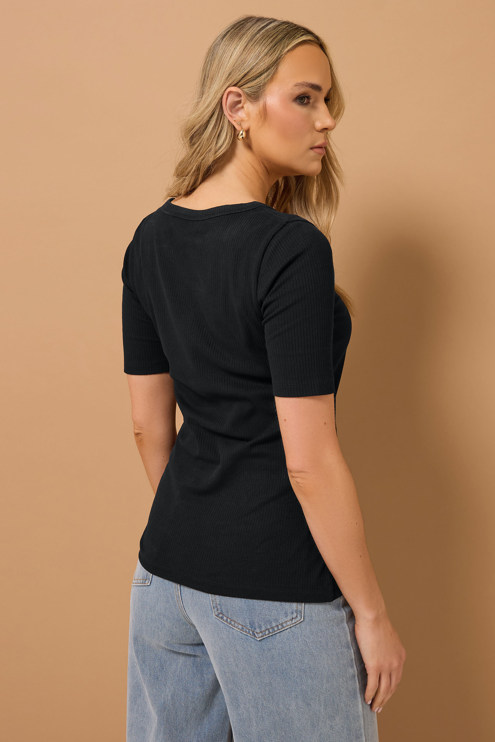 LTS Tall Black Ribbed Short Sleeve Henley Top | Long Tall Sally 4