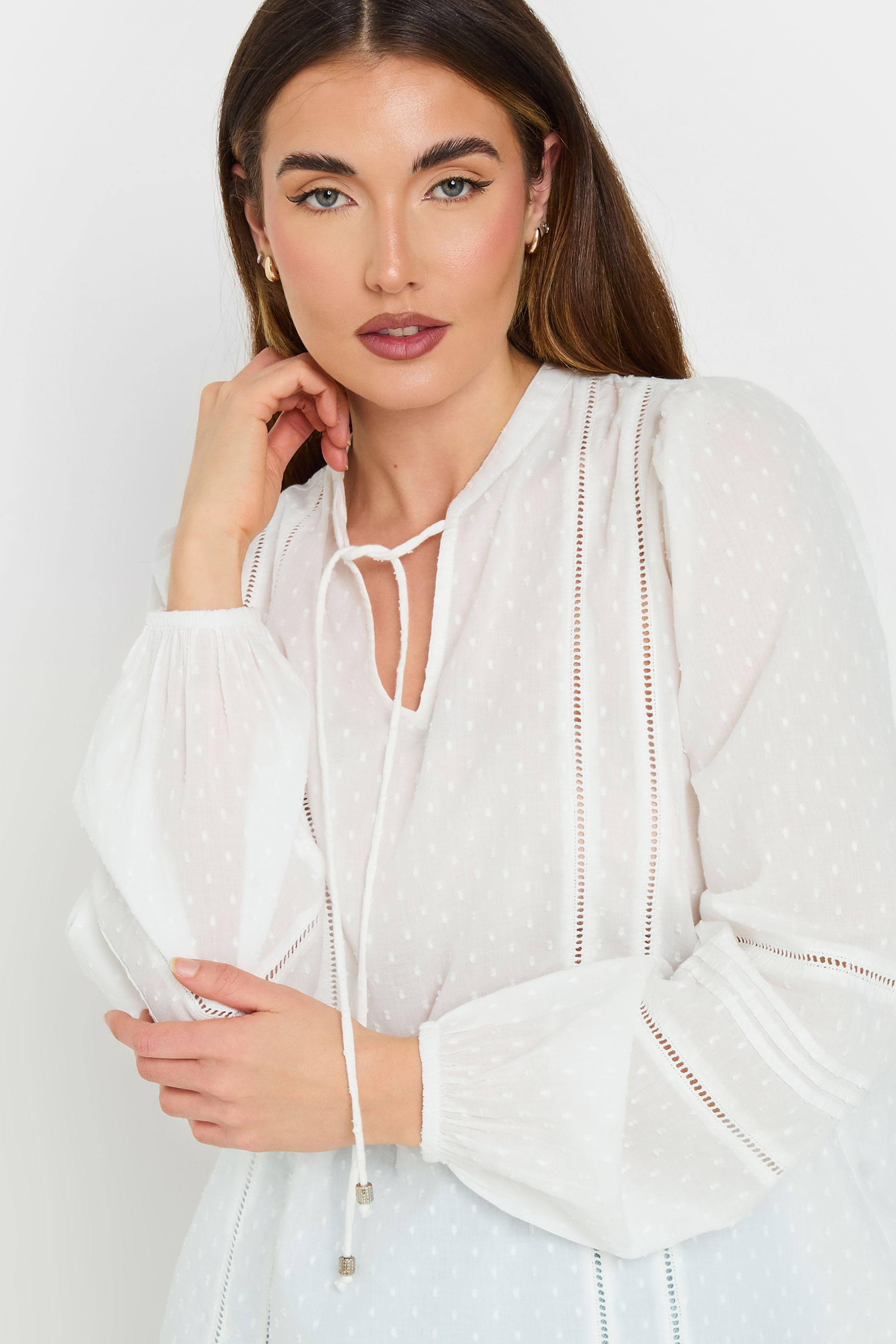 LTS Tall White Cotton Dobby Tie Neck Blouse | Long Tall Sally 6