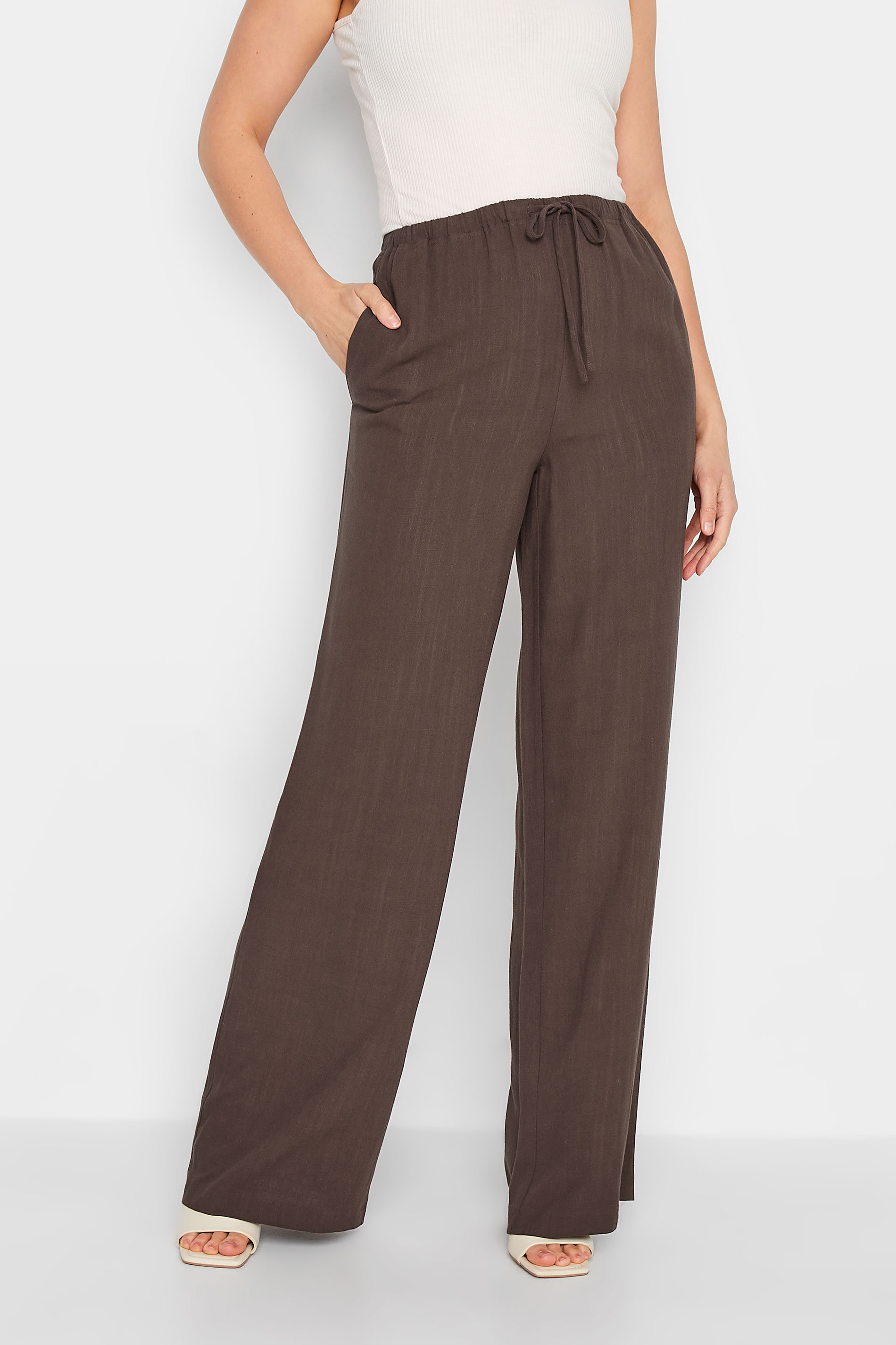 LTS Tall Women's Chocolate Brown Wide Leg Linen Look Trousers | Long Tall Sally 1