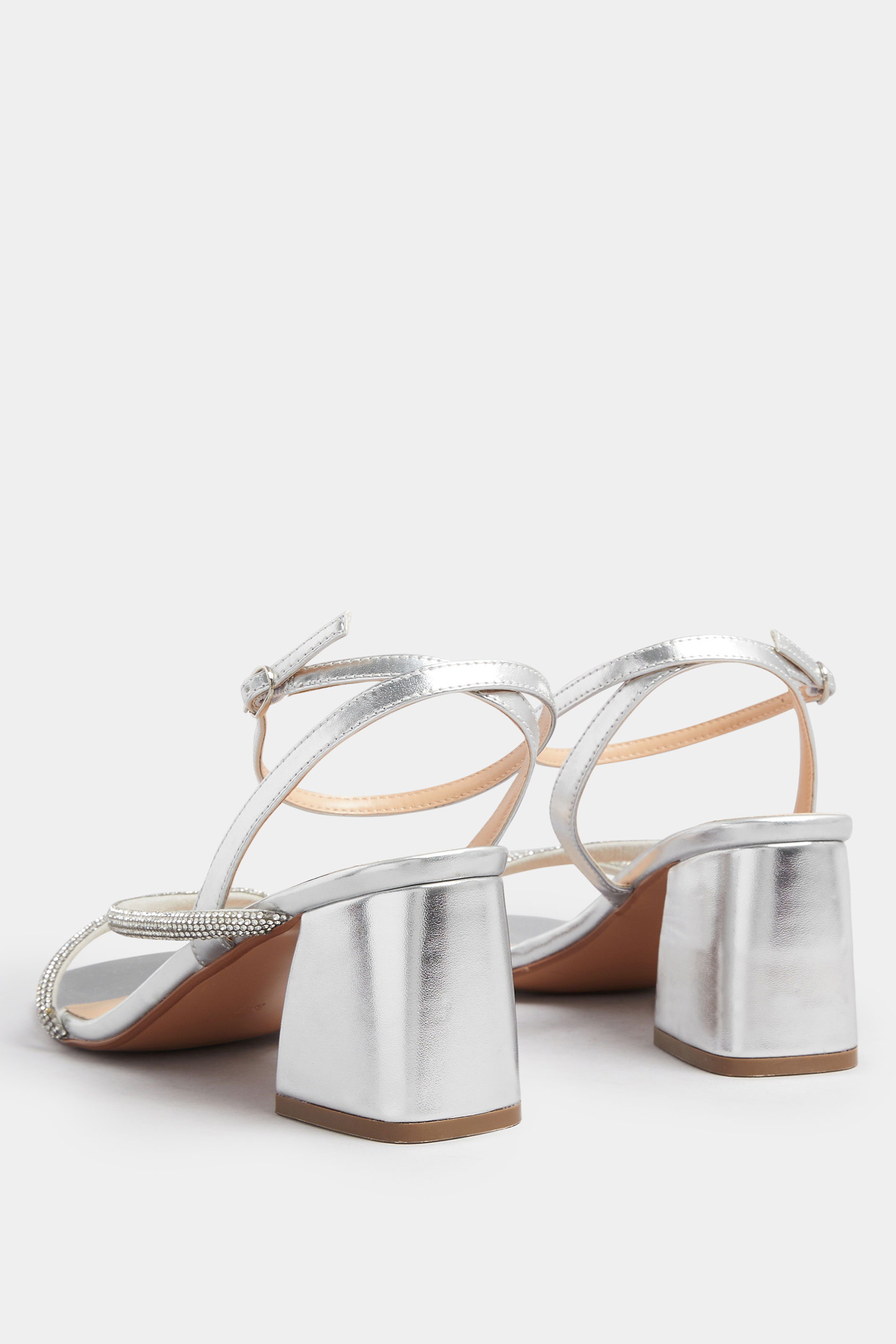 Silver Diamante Block Heel Sandals In Extra Wide EEE Fit | Yours Clothing 4